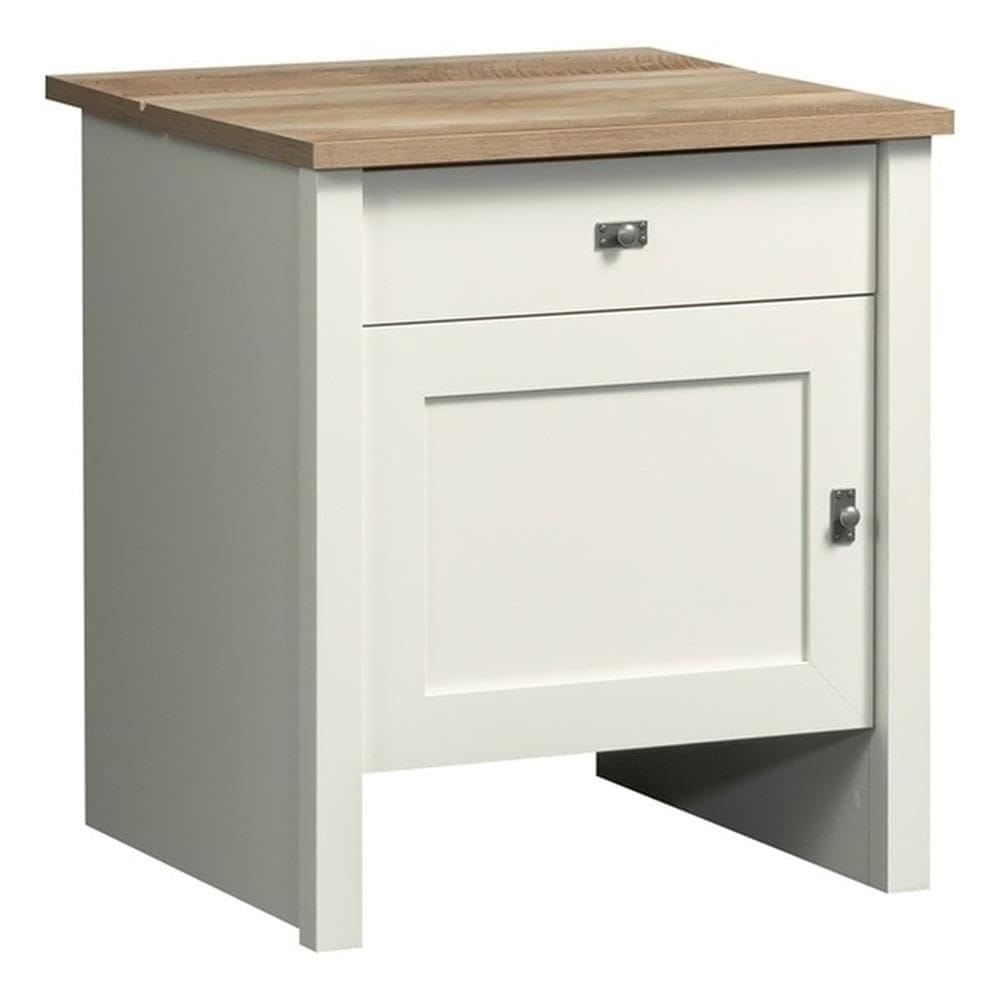 Sauder Homeplus Robot Vacuum Storage Side Table End Table Cabinet with Charging Station in Soft White and Lintel Oak