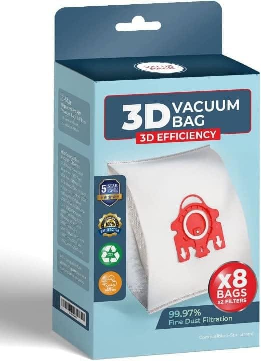 Premium 5-Star FJM Vacuum Cleaner Bags Replacement for Miele Vacuum - 8 Pack Airclean 3D Efficiency Dust Bag, Red