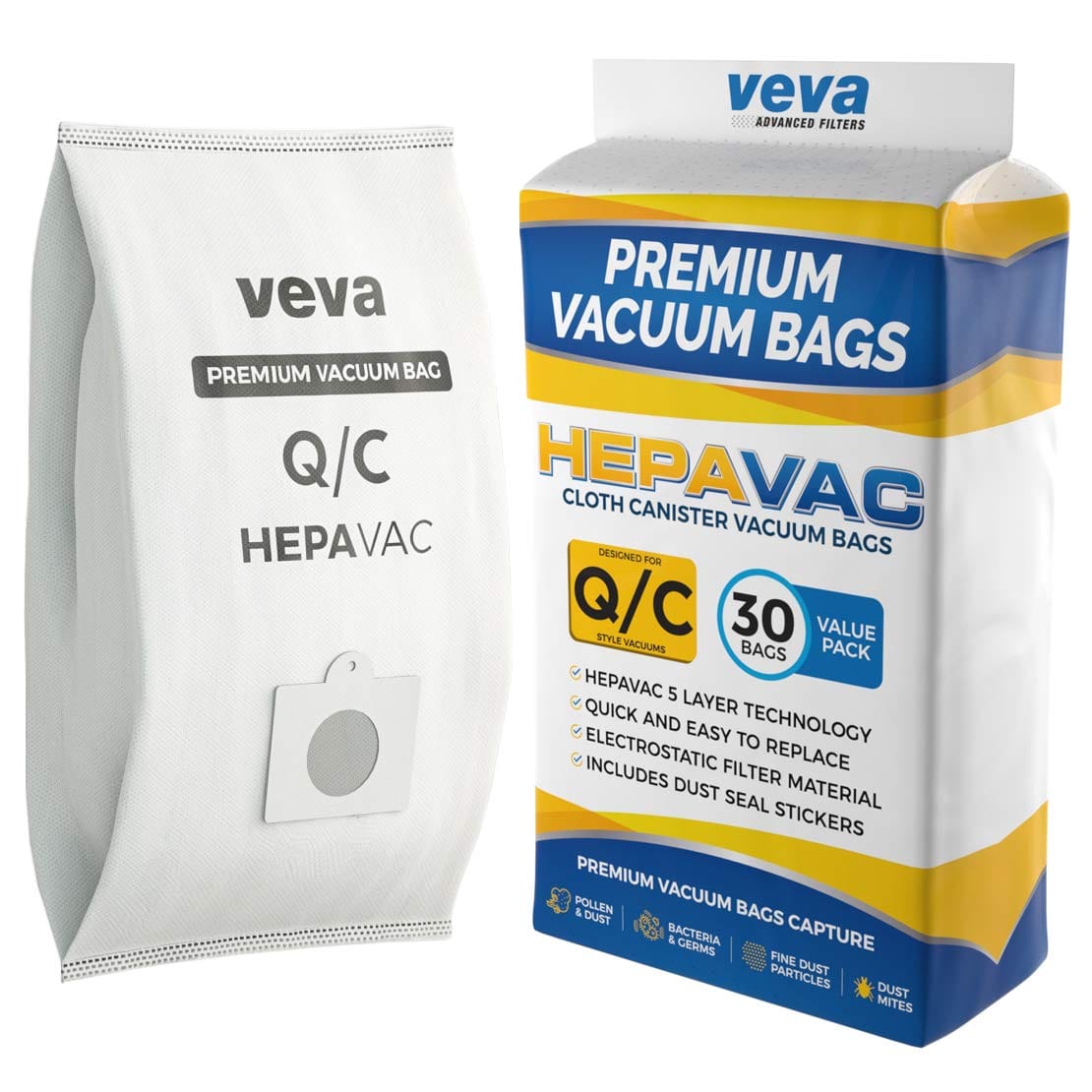 30-Pack VEVA Premium HEPA Vacuum Bags Type Q Cloth Bag for Kenmore Sears Canister Vacuum Cleaners - Compatible with Style C, Cq, 5055, 50557, 50558, 53292, 53291 Bags