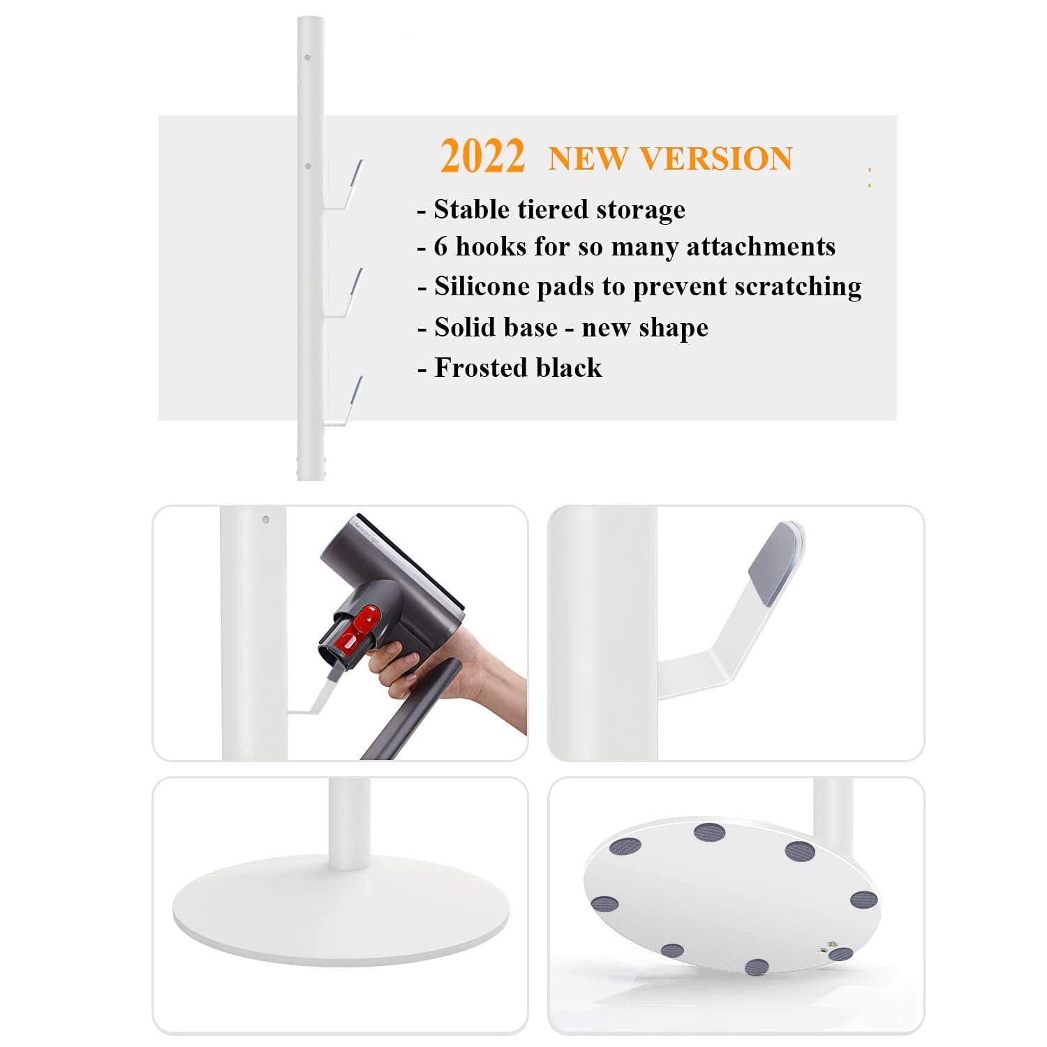 Xigoo Freestanding Vacuum Stand Holder for Dyson V15 Detect, V11 V10 V8 V7 V6 Cordless Vacuums, Floor Docking Station with 6 Hooks - White - Review Image 4