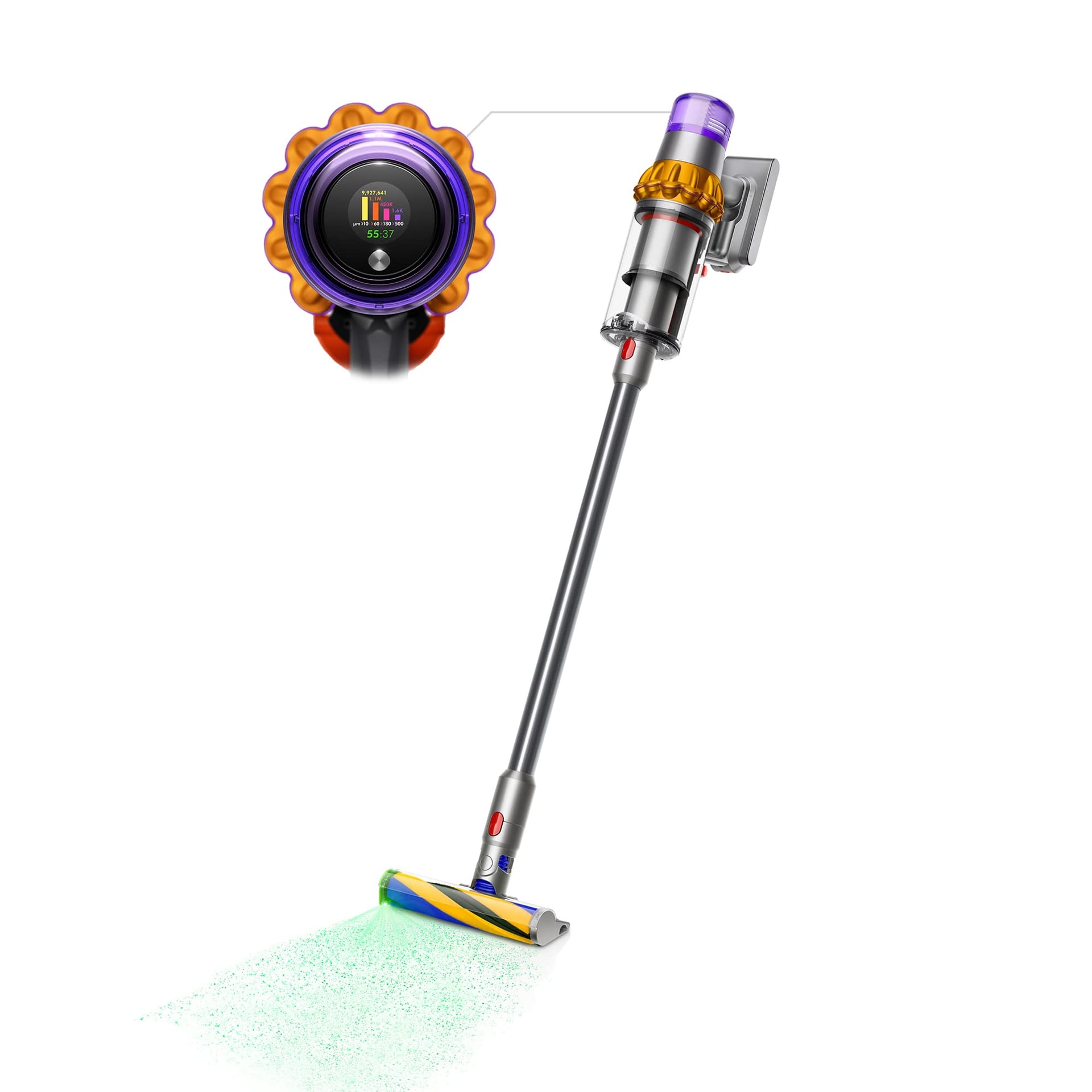 ** Dyson V15 Detect Cordless Vacuum Cleaner with Laser, Multicolor, 10.5"L X 9.8"W X 49.6"H

**DESCRIPTION:** Experience the cutting-edge Dyson V15 Detect Cordless Vacuum Cleaner, the ultimate in cordless stick vacuums. This innovative vacuum features a laser that reveals even microscopic dust particles, ensuring a thorough and deep clean throughout your entire home. Engineered for homes with pets, it provides up to 60 minutes of run time, adapting suction and run time based on debris level and floor type. The LCD screen displays real-time data on particles picked up and remaining run time, keeping you informed as you clean. With two advanced cleaner heads for different floor types, a handheld mode for versatility, and 7 Dyson-engineered tools including a hair screw tool for pet hair removal, this vacuum is a powerhouse in deep cleaning. Plus, with advanced whole-machine filtration trapping 99.99% of particles and a washable filter for sustainability, the Dyson V15 Detect is a premium choice for a cleaner home. Say goodbye to hidden dust and hello to a pristine living space with the Dyson V15 Detect Cordless Vacuum Cleaner.