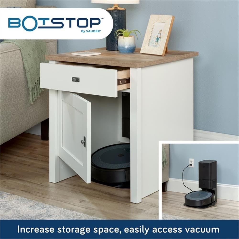 Sauder Homeplus Robot Vacuum Storage Side Table End Table Cabinet with Charging Station in Soft White and Lintel Oak - Review Image 4