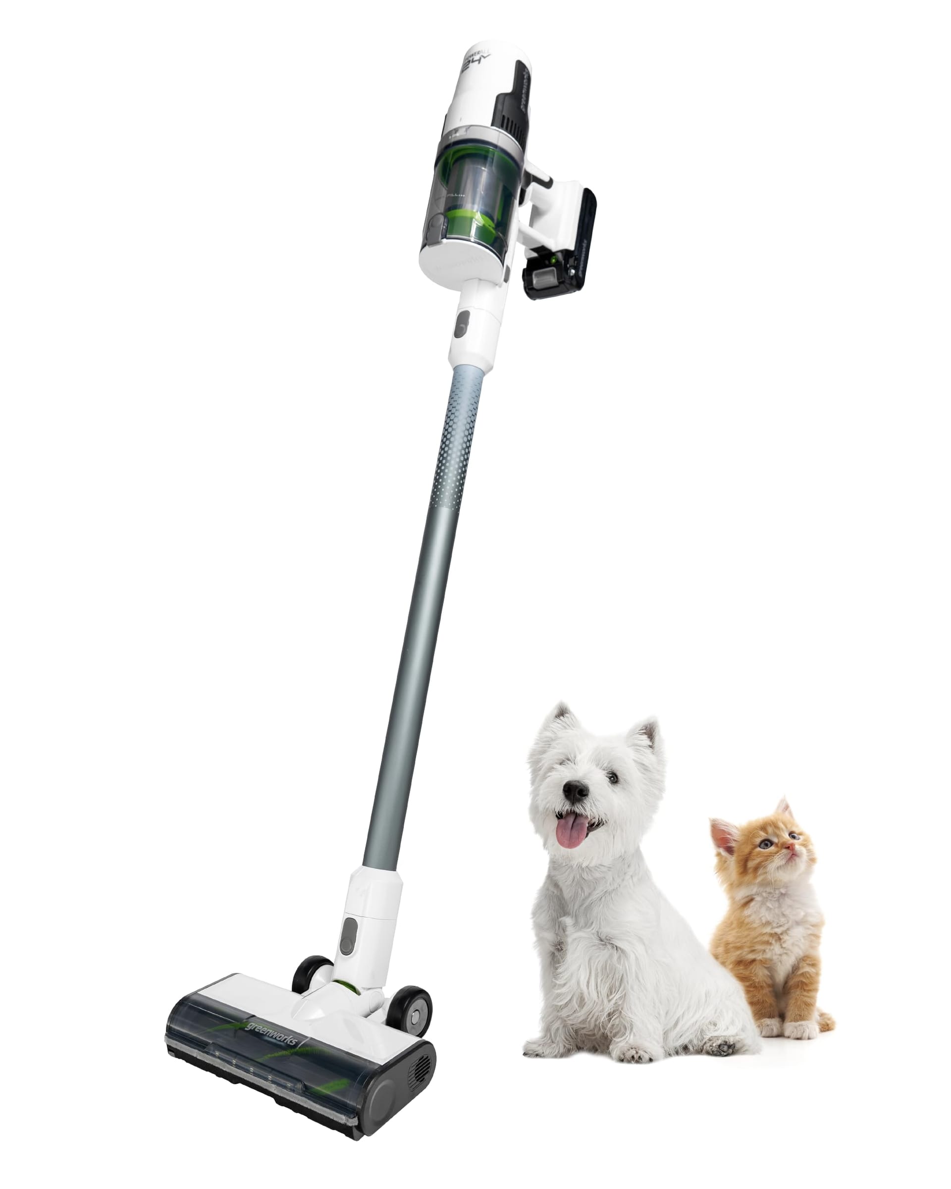 Greenworks 24V Brushless Cordless Stick Vacuum with HEPA Filter, Lightweight Handheld Pet Vacuum for Hard Floors, Carpet, Car - 4Ah Battery, 30-Minute Charge Time (White)