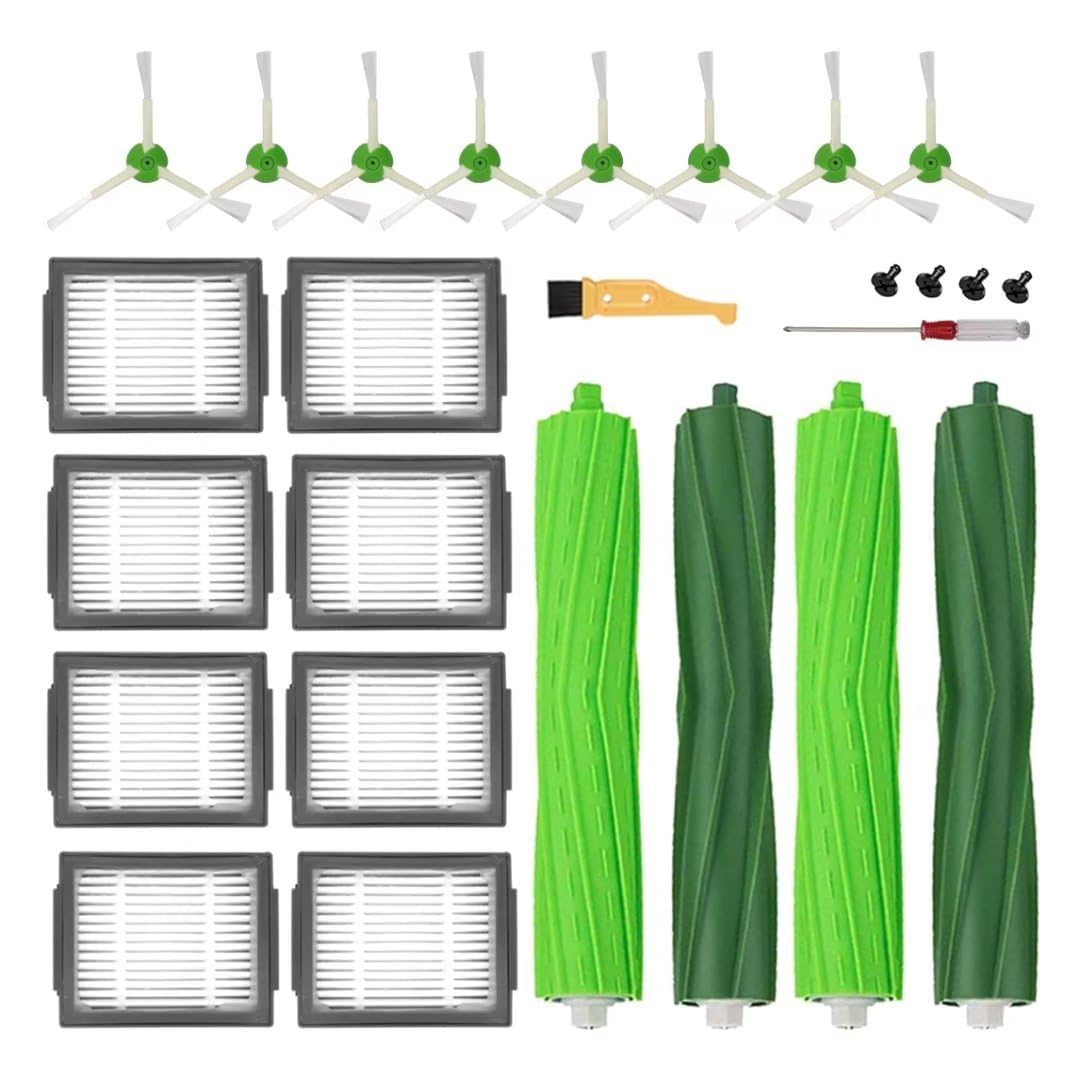 Replacement Parts Kit for Irobot Roomba I7 I7+ I2 I3 I3+ I4 I4+ I6 I6+ I8 I8+/Plus J7 J7+ E5 E6 E7 Vacuum Cleaner - 2 Set Rubber Brushes, 8 Hepa Filters And 8 Side Brushes