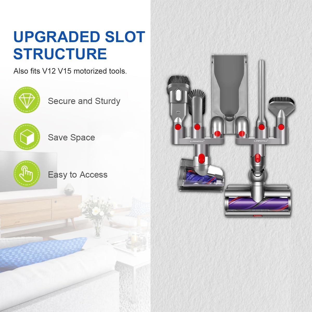 LANMU Upgraded Accessory Holder for Dyson V15 V12 V11 V10 V8 V7 Gen5 Cordless Stick Vacuum Cleaner, Attachments Docking Station Organizer - Review Image 3