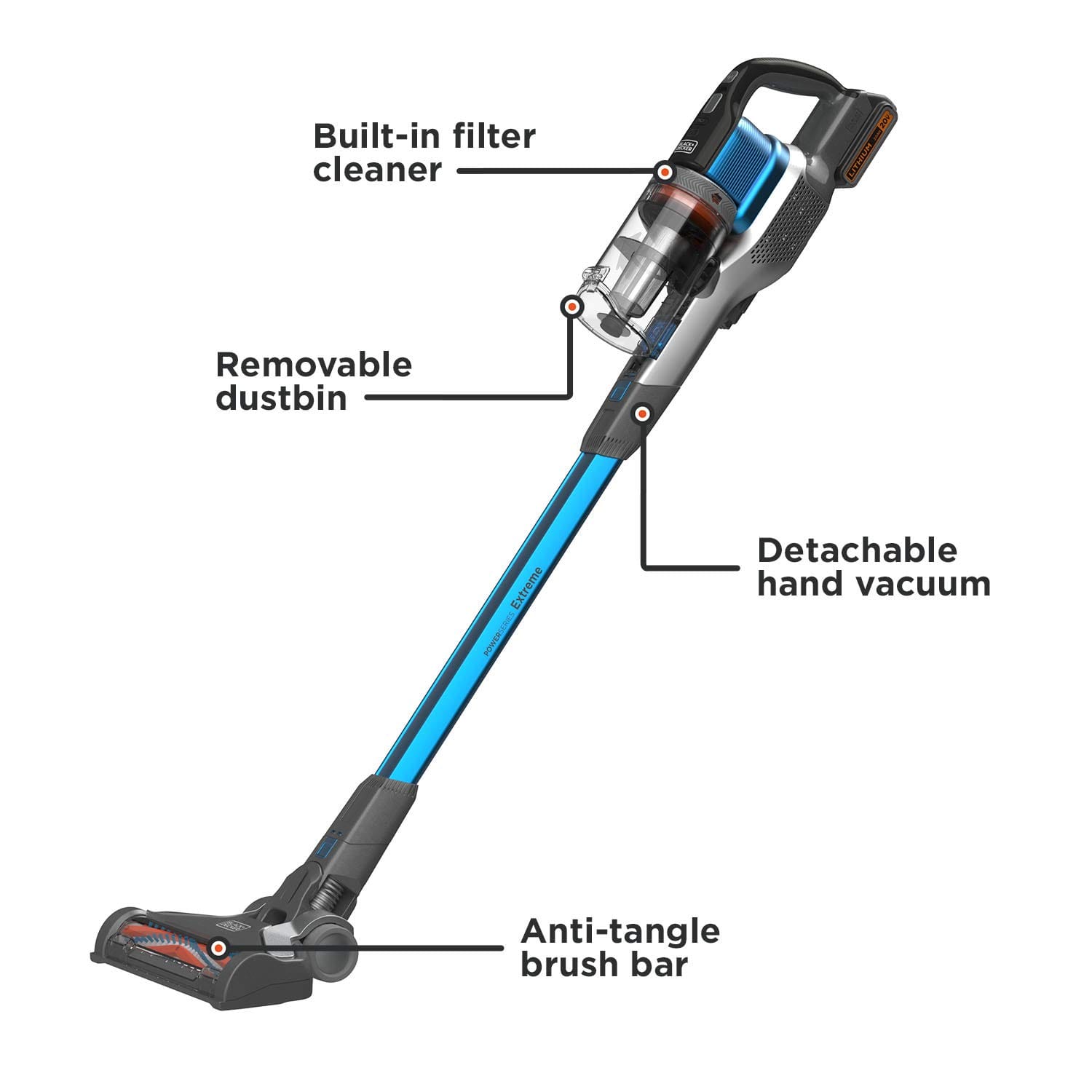 Lightweight Black+Decker Powerseries Extreme Cordless Stick Vacuum Cleaner for Pet Hair Cleaning, Blue (BSV2020G) - Review Image 2