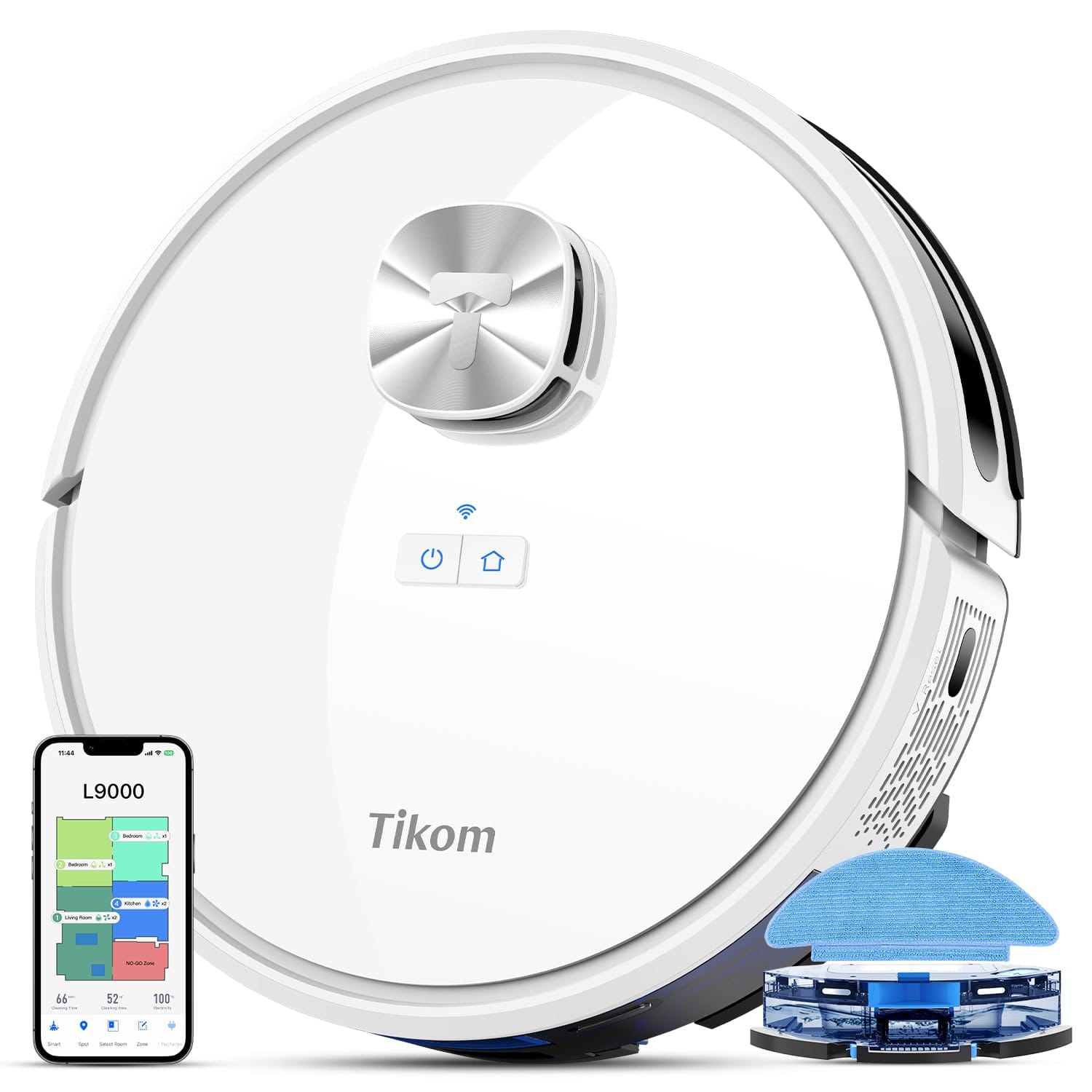 Tikom L9000 Robot Vacuum and Mop Combo with Lidar Navigation, 4000Pa Suction, 150Mins Runtime, Smart Mapping, for Pet Hair, Carpet, Hard Floor, White