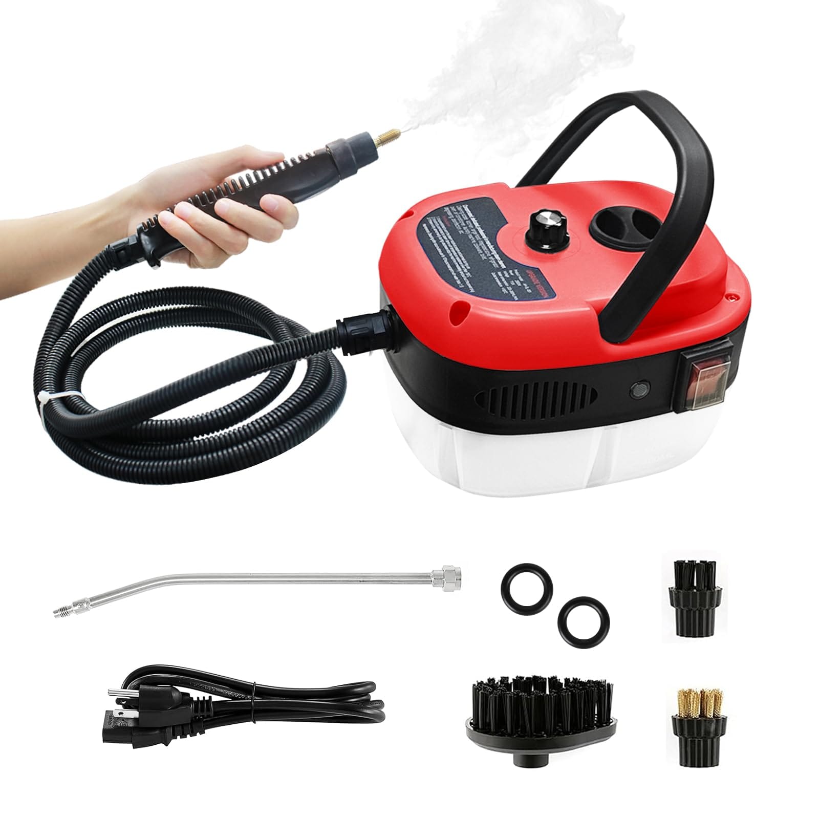 Portable 2500W Handheld Steam Cleaner with 3 Brush Heads - Red