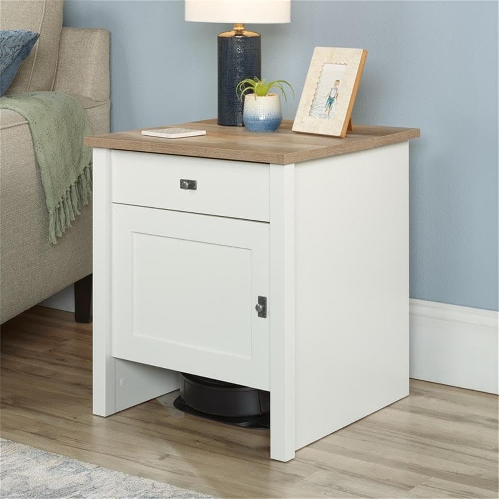 Sauder Homeplus Robot Vacuum Storage Side Table End Table Cabinet with Charging Station in Soft White and Lintel Oak - Review Image 2