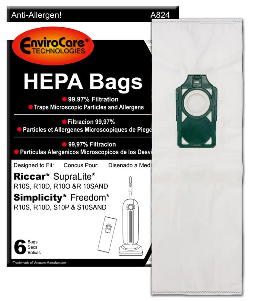 Envirocare HEPA Vacuum Bags for Riccar Supralite and Simplicity Freedom Upright Vacuums - 6 Pack