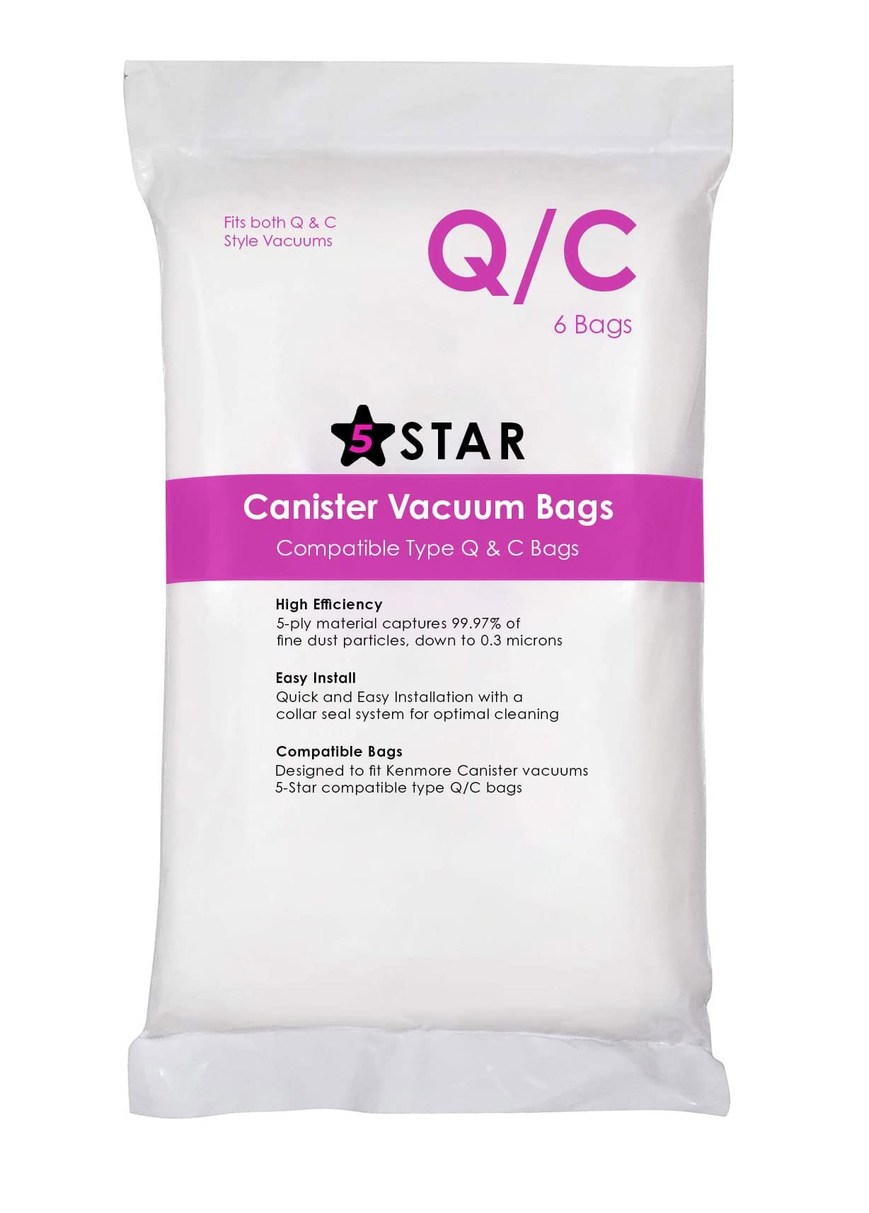 Mono-Chrome 5-Star 6 Pack Type Q/C HEPA Replacement Vacuum Bags for Kenmore & Sears Canister Vacuum, Fits 5055 50557 50558 53291