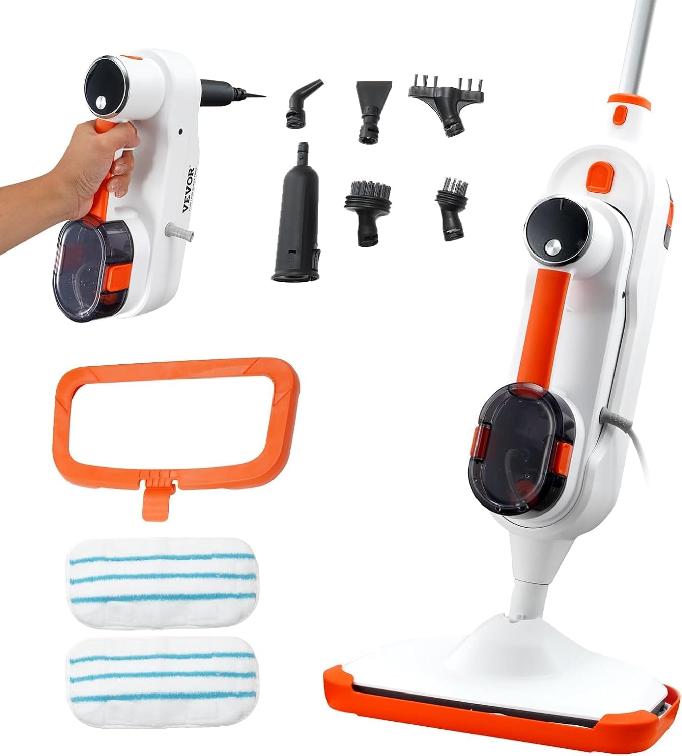 Vevor 8-in-1 Steam Mop for Hardwood Floors, Floor Steamer with 7 Replaceable Brush Heads and 2 Pads