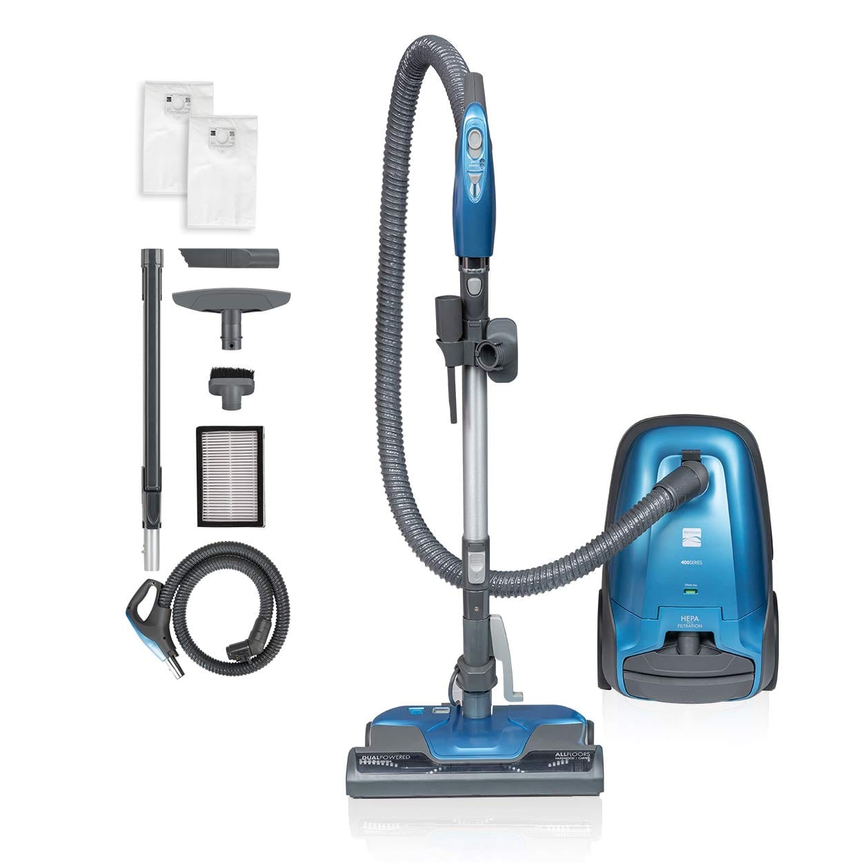 Lightweight Bagged Canister Vacuum Cleaner with Telescoping Wand, HEPA Filter, 2 Motors, Retractable Cord, Blue