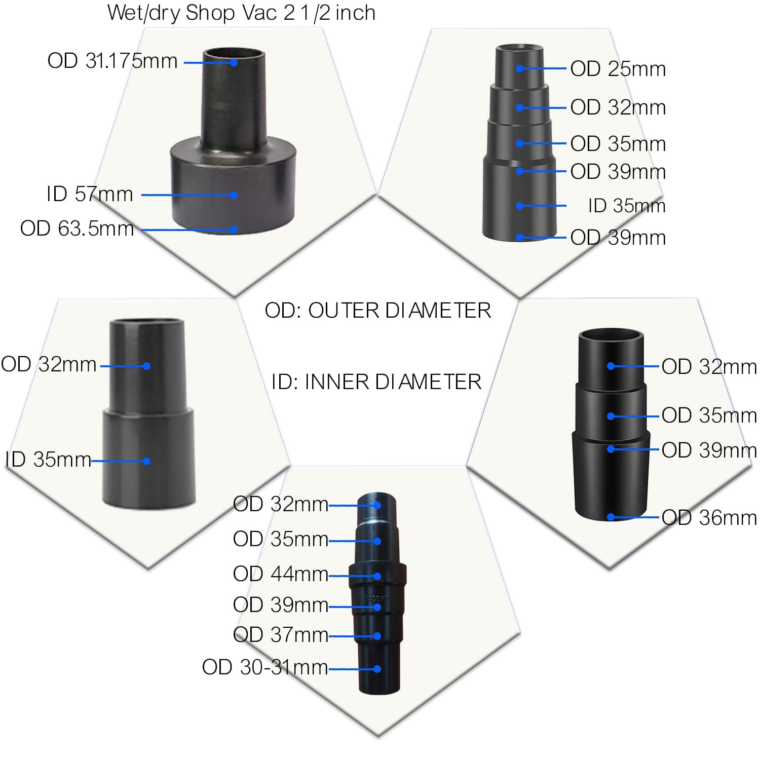 Universal Vacuum Hose Adapter Kit Converter Set - 1 1/2" to 1 1/4" & 1 3/8" to 1 1/4" Reducer Attachment Set - Review Image 2