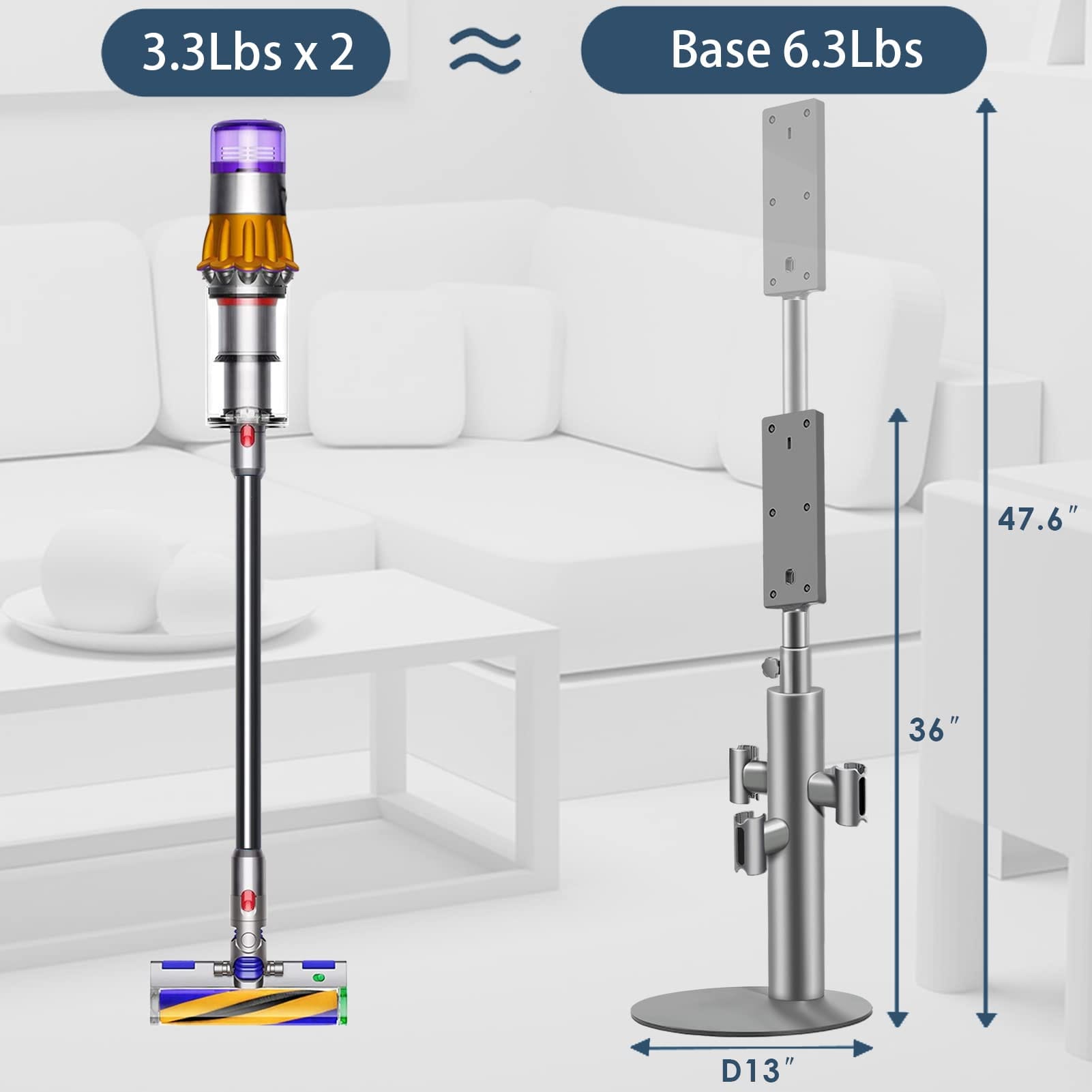 Height-Adjustable Aluminum Vacuum Stand for Dyson V15, V12,V11, V10,V8,V7 - Steel Base, Clips for 9 Attachments, Cable Slot - Review Image 4