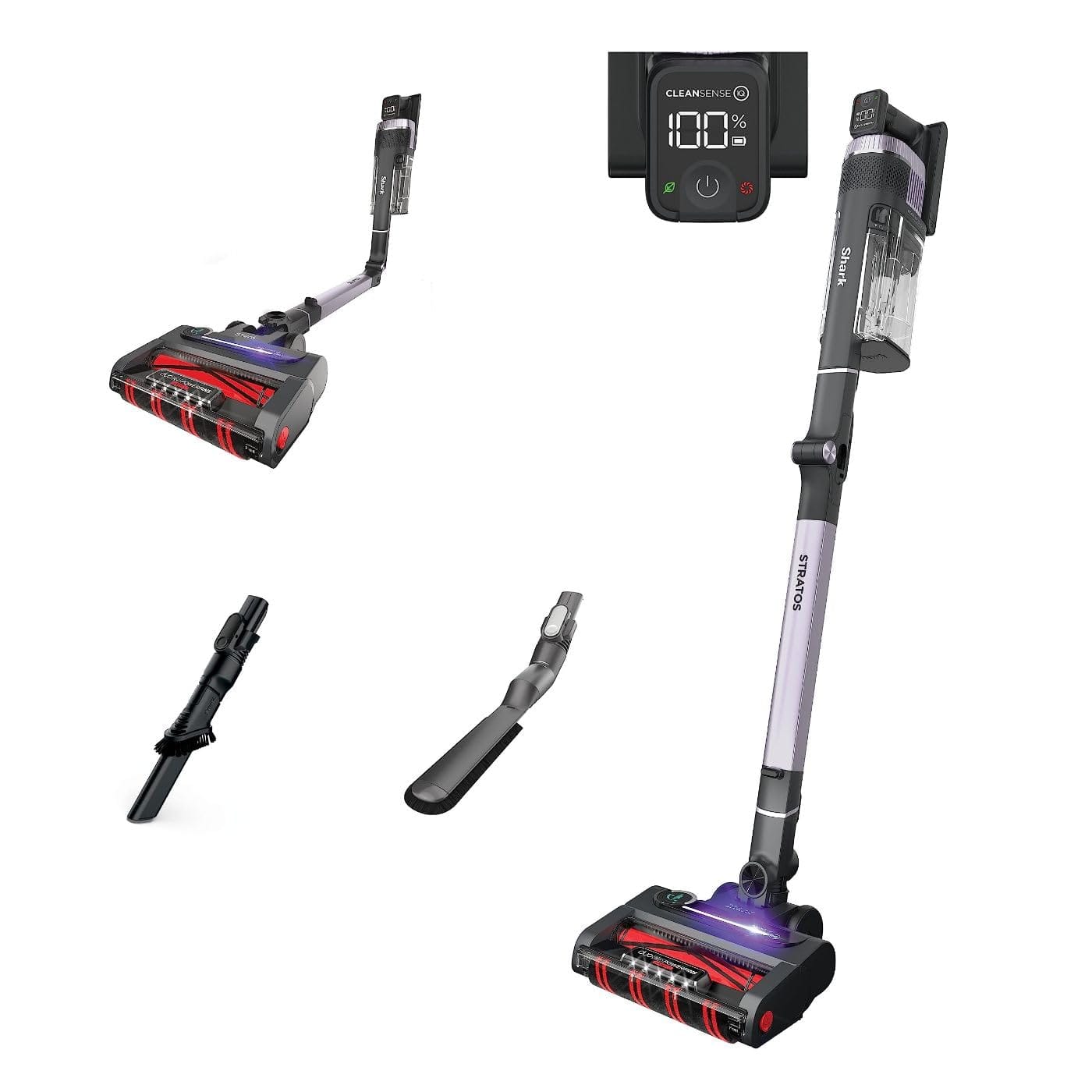 Shark Stratos Cordless Stick Vacuum with Clean Sense IQ, Odor Neutralizer, DuoClean PowerFins HairPro, LED Display, Up to 60 Min Runtime - Ash Purple, IZ862H**

**DESCRIPTION:**
The Shark Stratos Cordless Stick Vacuum is the ultimate solution for whole-home cordless deep cleaning. Featuring Clean Sense IQ technology with infrared sensors to detect hidden dirt and automatically boost power for up to 50% better dirt pickup compared to the Shark Stratos Cordless in Eco Mode. Enjoy ultra-powerful cordless suction for up to 60 minutes of runtime, along with a LED display for real-time battery monitoring and Clean Sense IQ engagement.

This budget-friendly vacuum comes with two essential accessories - a duster crevice tool and an anti-allergen brush to clean above the floor and reach every crevice. The MultiFLEX technology allows you to bend the wand for under-furniture cleaning or fold for easy storage.

Equipped with DuoClean PowerFins HairPro system, this vacuum delivers powerful hair pickup performance on carpets and hard floors. The self-cleaning brushroll ensures no more hair wrap, while the HEPA filtration and Anti-Allergen Complete Seal captures over 99.9% of dust, allergens, and odors to keep your home fresh and clean.

Additionally, the Odor Neutralizer Technology prevents bad odors inside the vacuum, ensuring a pleasant atmosphere. Experience the convenience and efficiency of cordless cleaning with the Shark Stratos Cordless Stick Vacuum.