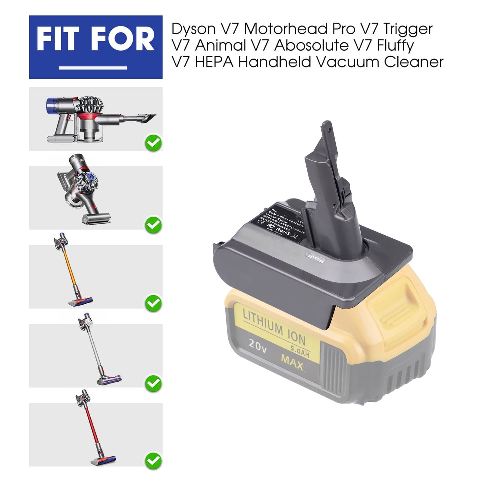 Dyson V7 Battery Adapter Converter for DeWalt 20V Lithium Battery - Compatible with Animal Absolute Fluffy Hepa Cordless Stick Vacuum Cleaners (Adapter Only) - Review Image 5
