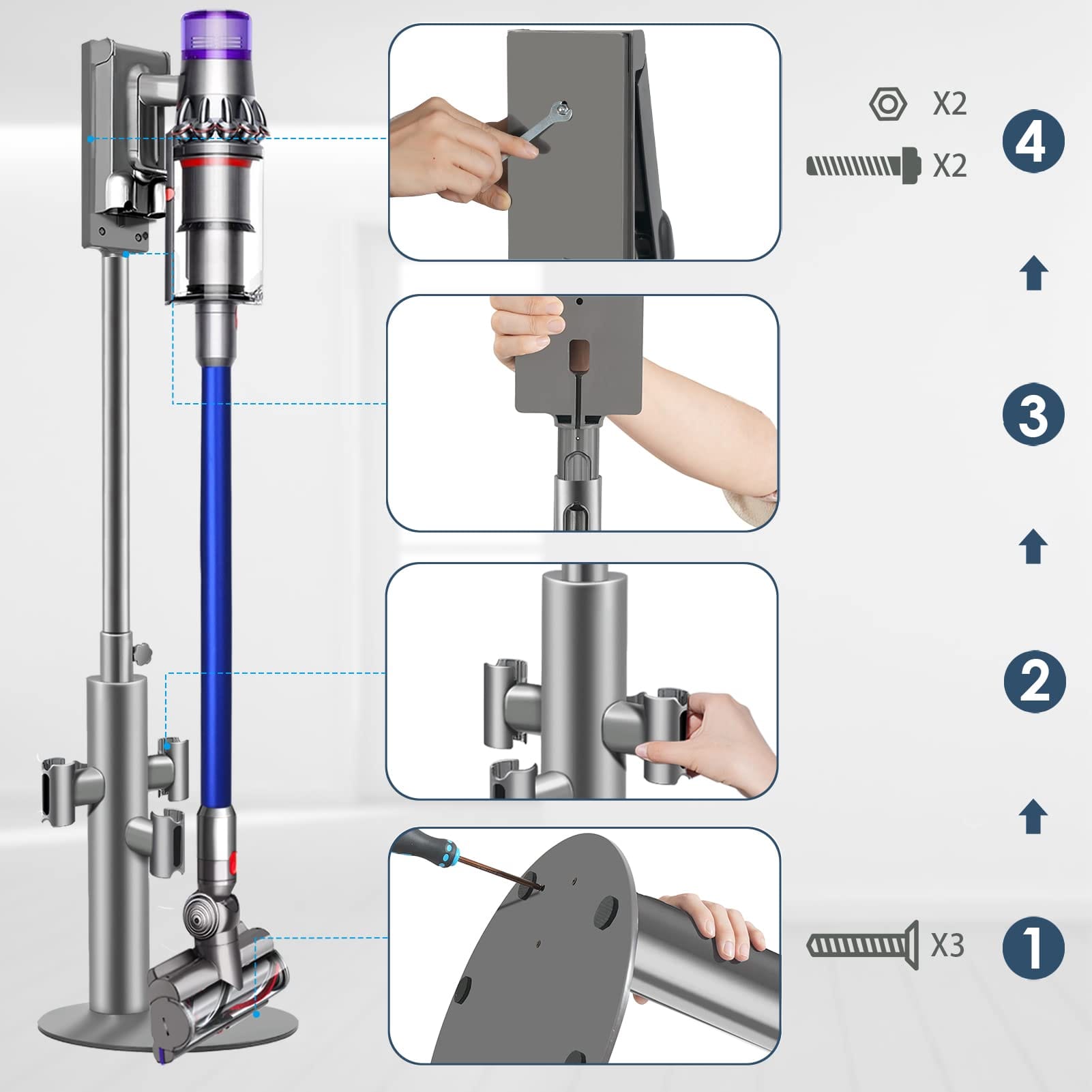 Height-Adjustable Aluminum Vacuum Stand for Dyson V15, V12,V11, V10,V8,V7 - Steel Base, Clips for 9 Attachments, Cable Slot - Review Image 5