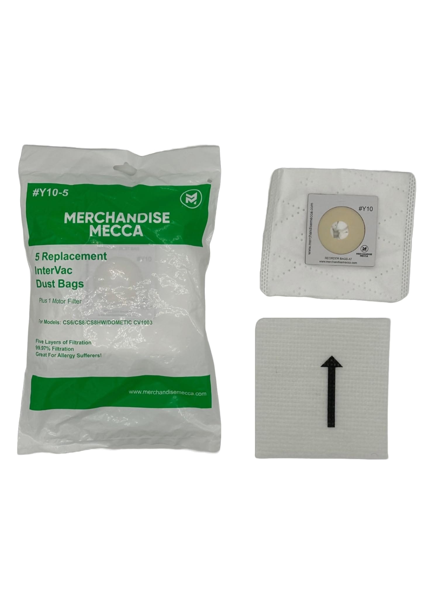 Premium Y10-5 Replacement Bags for Intervac CS-6, CS-8 & CS-10 Vacuums - Set of 5 Cloth Bags & 1 Motor Filter