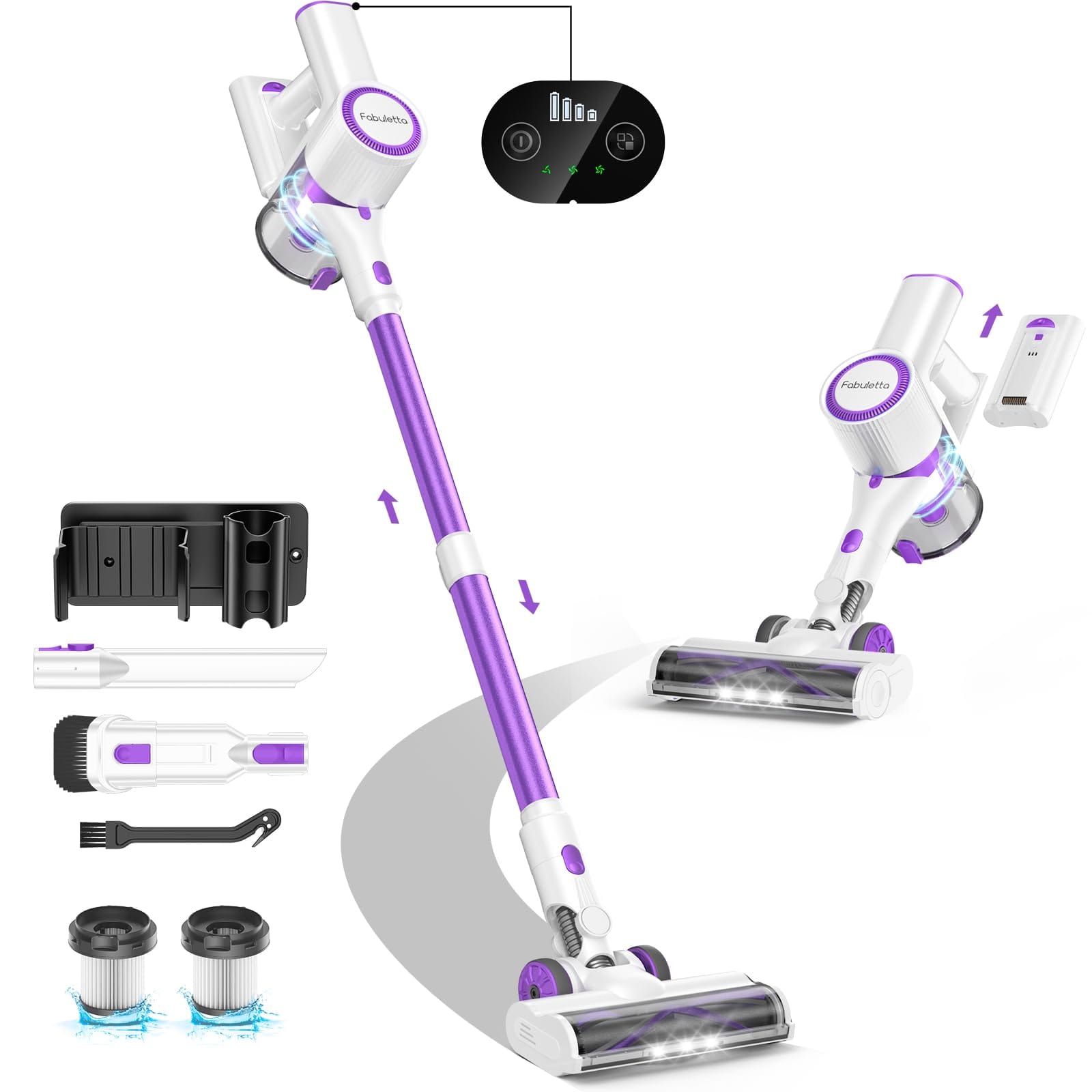 ** Fabuletta Cordless Vacuum Cleaner for Home with 400W Strong Suction and Max 47Min Detachable Battery - 6-in-1 Stick Vacuum for Hardwood Floors and Carpet Pet Hair Car (Purple)

**DESCRIPTION:** 
Upgrade your cleaning routine with the Fabuletta Cordless Vacuum Cleaner, a powerful 400W lightweight vacuum designed to tackle dirt and pet hair effortlessly. Equipped with a brushless motor and three adjustable suction modes, this cordless vacuum ensures thorough cleaning on hardwood floors and carpets without any hassle.

Enjoy up to 47 minutes of continuous cleaning thanks to the detachable battery, which can be easily recharged for extended use. Say goodbye to dust pollution with the efficient 5-layer filtration system that traps even the finest particles, leaving your home fresh and clean.

Versatile and user-friendly, this cordless vacuum comes with multiple attachments for a customized cleaning experience. The wall mount design allows for convenient storage, while the LED screen provides real-time updates on battery level and suction power.

Certified by FCC and backed by a 1-year after-sales service, the Fabuletta Cordless Vacuum Cleaner is the perfect companion for households, pet owners, and on-the-go lifestyles. Make cleaning a breeze with this innovative and reliable vacuum cleaner compatible with various surfaces.