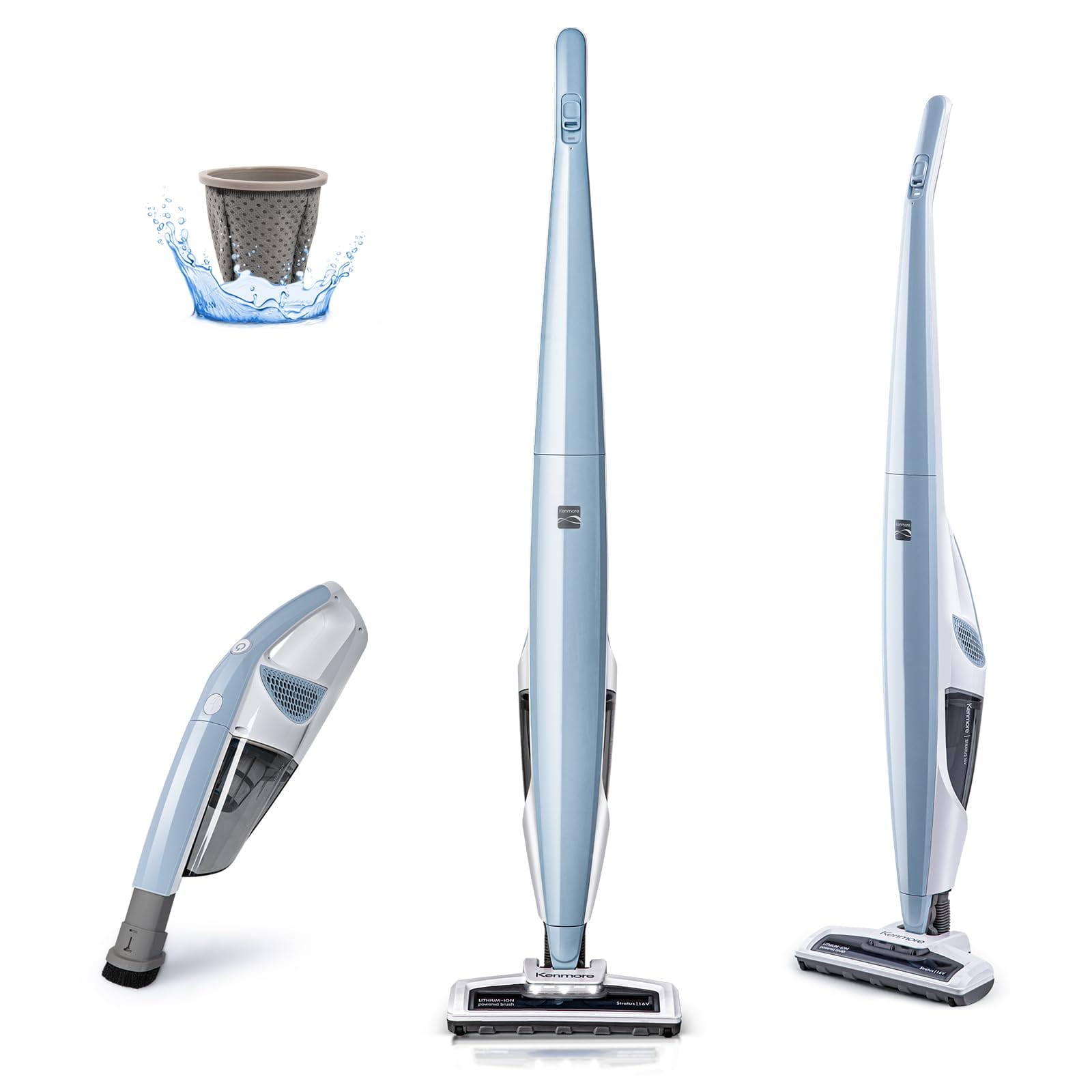 Kenmore Stratus™ 16V Cordless Stick Vacuum | 2-in-1, Lightweight, LED Headlight, 2-Speed Power Control, Pet Hair, Gray-Blue