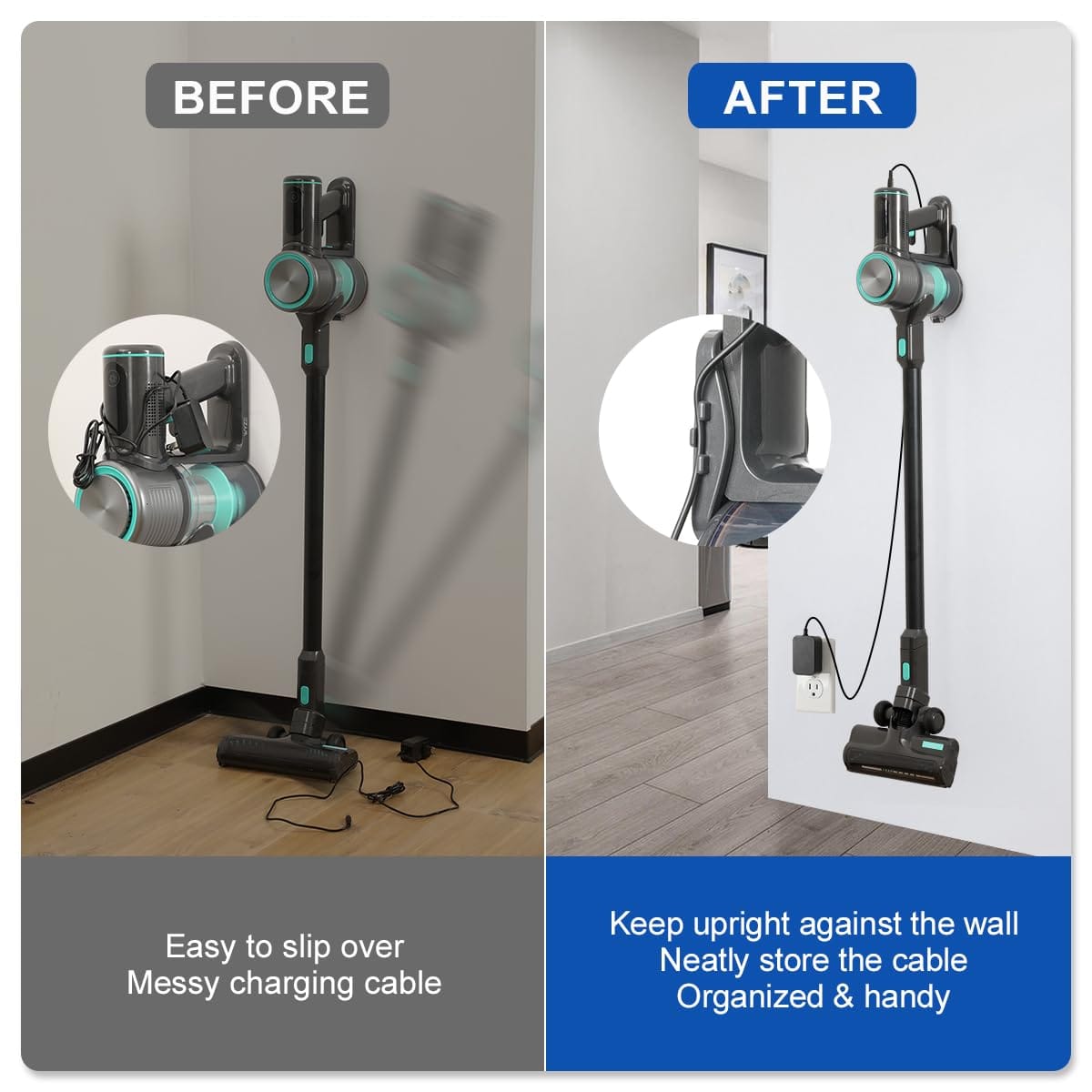 Lanmu Wall Mount Holder for Wyze Cordless Vacuum & S, Hanger Hook with Charging Cable Management Clip - Vacuum Cleaner Accessory for Home Garage Organization - Review Image 3