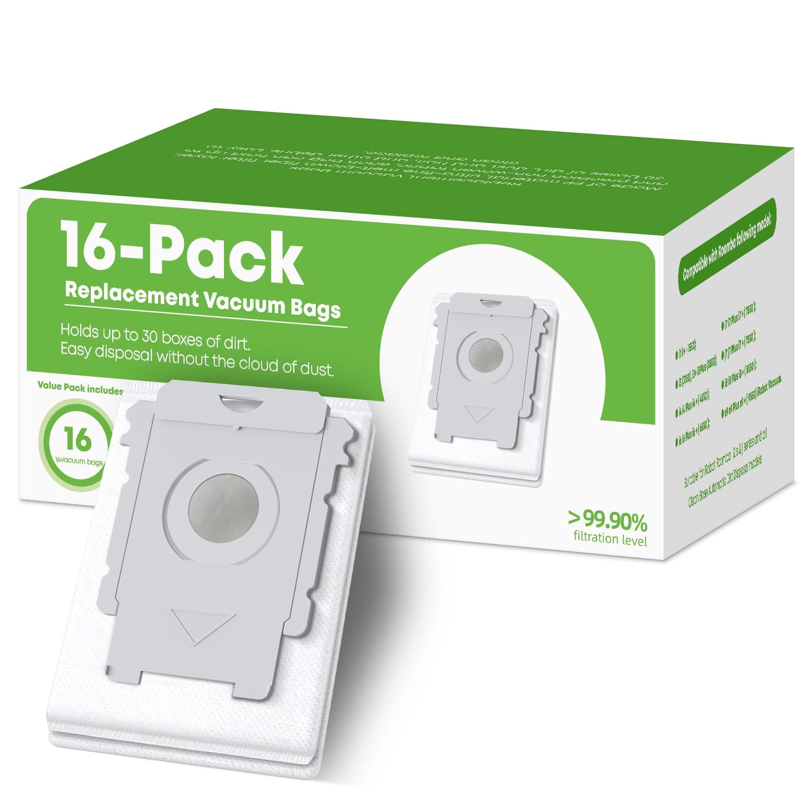 VBN 16 Pack Replacement Roomba Vacuum Bags for iRobot Roomba I & S & J Series with Automatic Dirt Disposal, 99.9% Filtration, 4-Layer System