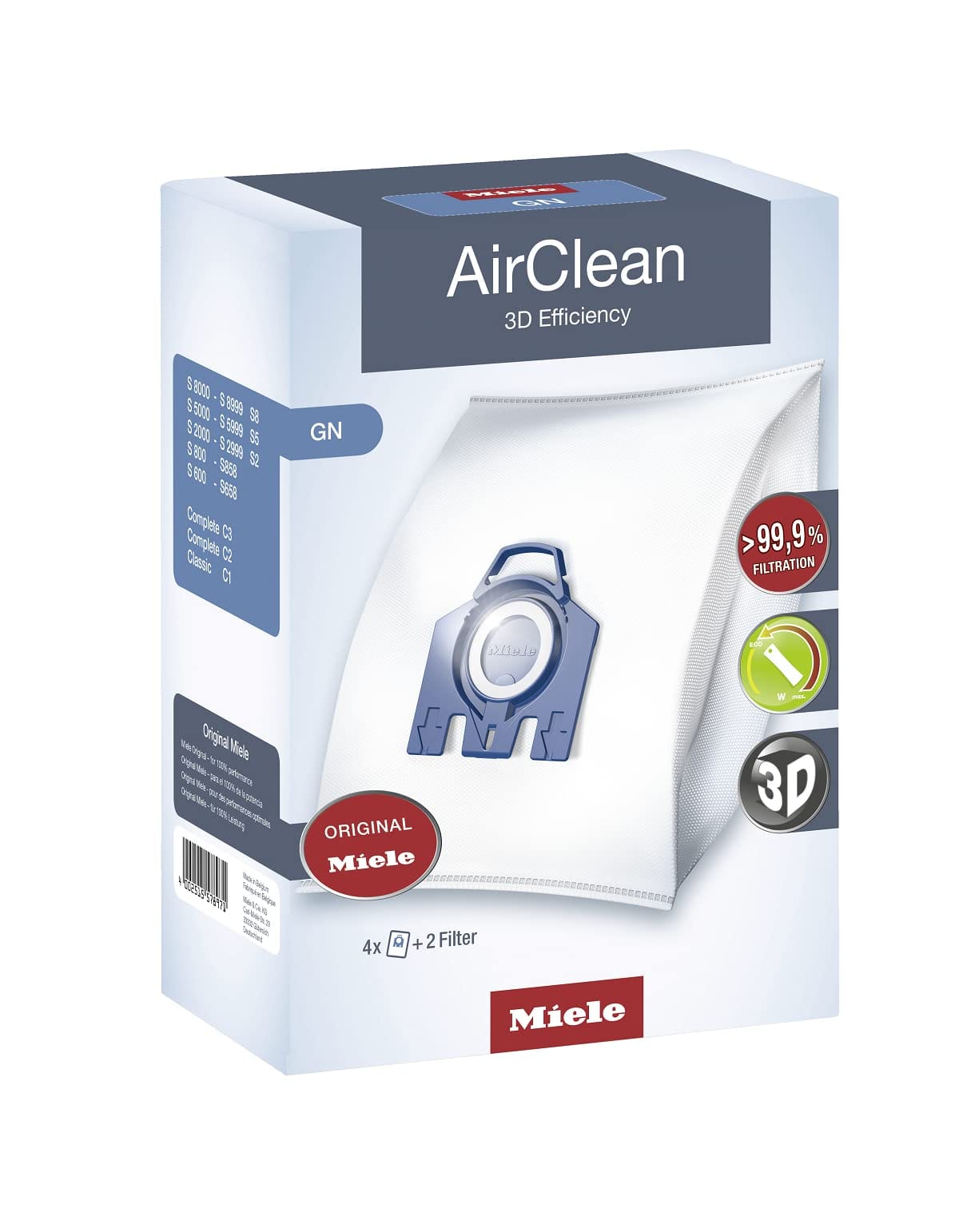 Miele Airclean 3D Efficiency Dust Bag GN Type for Canister Vacuums, 4 Bags & 2 Filters
