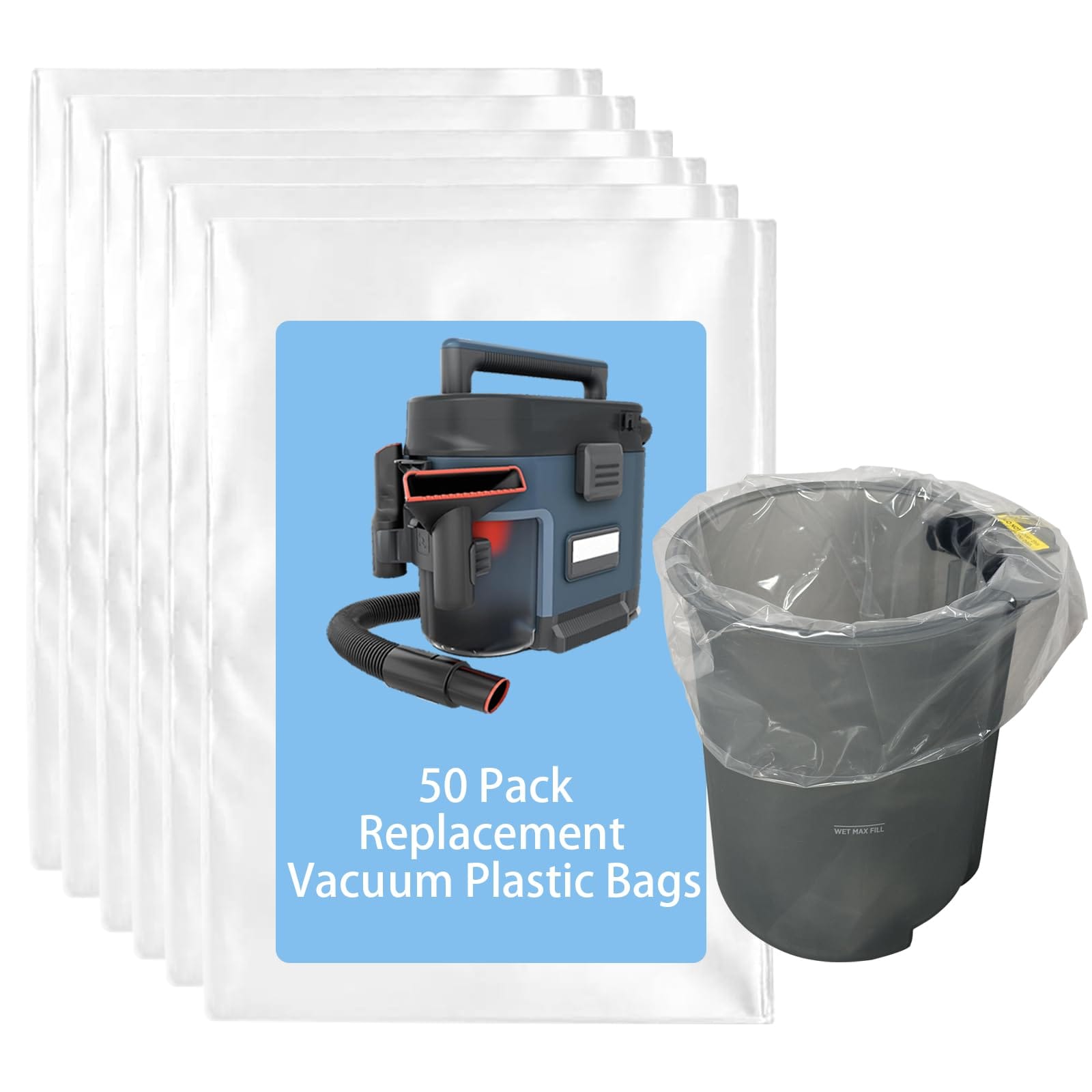 Compatible 50-Piece Vacuum Plastic Bags for Shark Messmaster Portable Wet Dry Vacuums VS100, VS101, VS100C