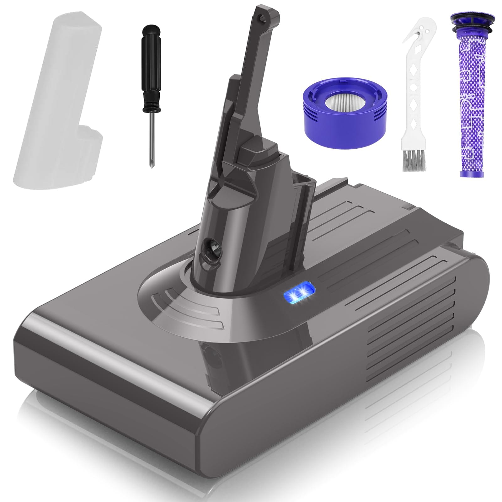 Replacement V8 Battery for Dyson Cordless Vacuums - 6000mAh 21.6V Lithium-Ion, Compatible with Sv10 V8 Series, Includes 2 Filters