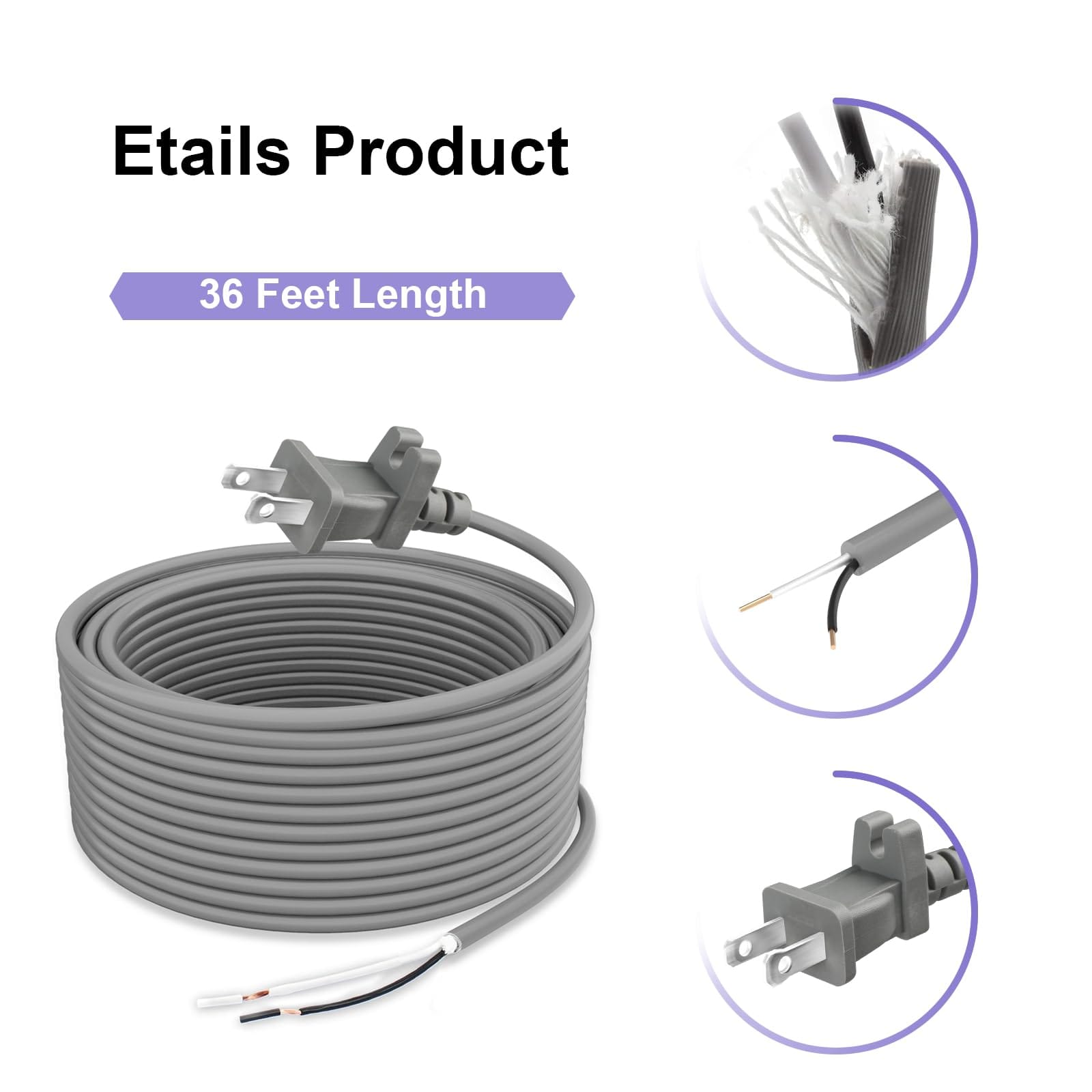 36-Foot Long Replacement Power Cord for Shark, Bissell, Hoover, Electrolux, Eureka, Sanitaire, Kenmore Vacuum Cleaners - Review Image 2