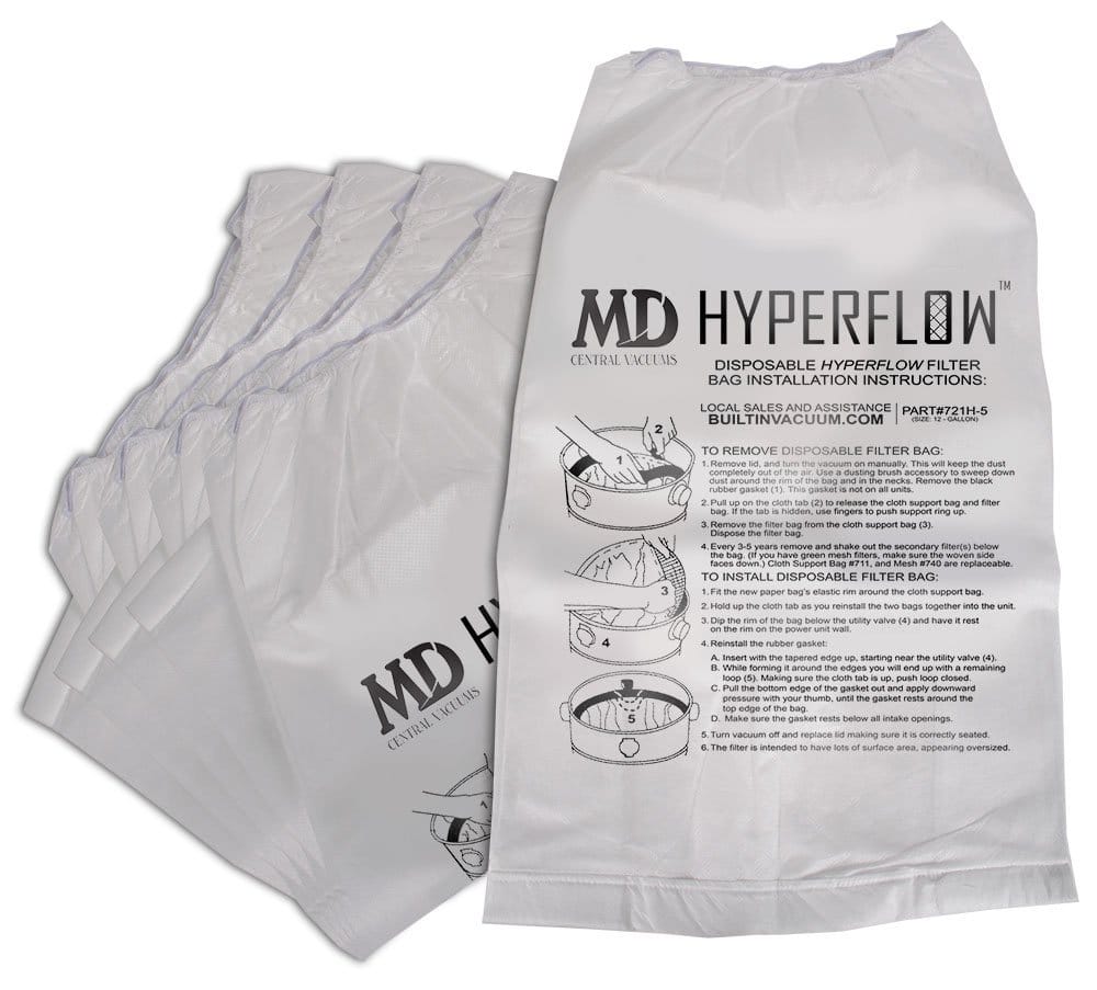 MD Central Vacuum Hyperflow Paper Bags, 5-Pack (12-Gallon) - Genuine OEM Filtration