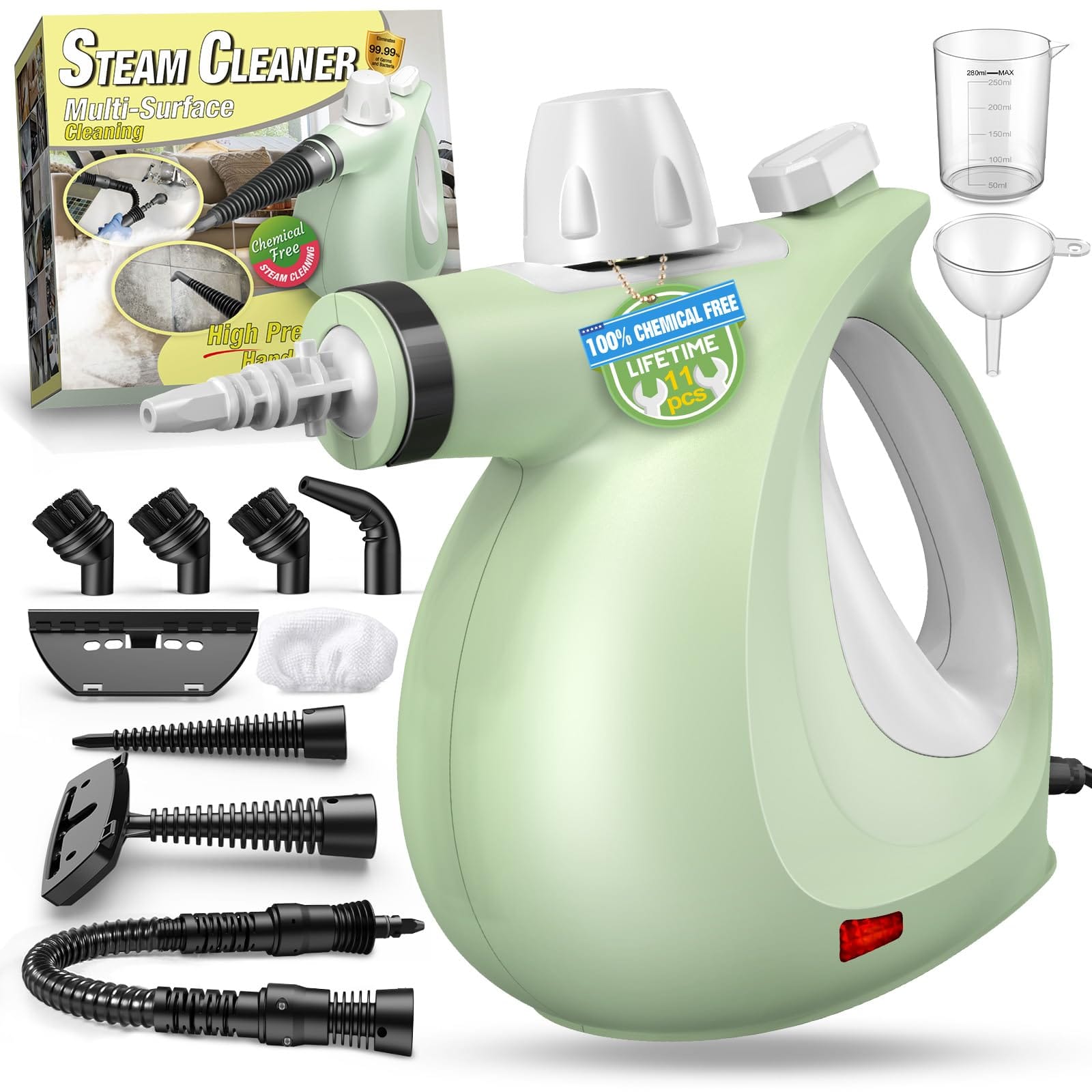 Powerful Pressurized Handheld Steam Cleaner with 11-Piece Accessory Set for Home, Furniture, Upholstery, and Car
