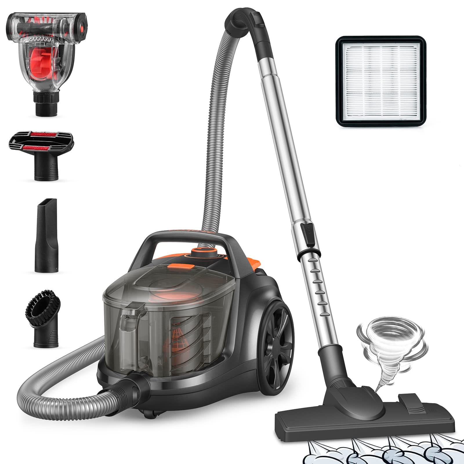 Lightweight Bagless Canister Vacuum Cleaner with Large Dust Cup - Aspiron Portable Vacuum for Hardwood Floors, Pet Hair, Car, Black