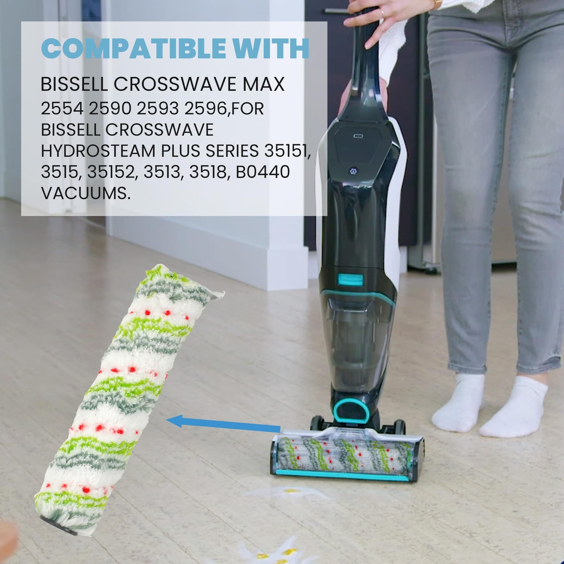 ** 3 Pack Multi-Surface Pet Brush Rolls and Vacuum Filters Compatible with Bissell Crosswave Max - Replacement Parts for Various Models, Including Hydrosteam Vacuums

**DESCRIPTION:** 
Enhance the performance of your Bissell Crosswave Max and HydroSteam vacuums with this 3 pack bundle of multi-surface pet brush rolls and vacuum filters. Compatible with models such as 2554, 2590, 2593, 2596, 35151, 3515, 35152, 3513, and 3518, these replacement parts ensure a seamless fit and optimal functionality.

Crafted from premium materials, the dual-action microfiber and nylon bristles of the 2788 brush rolls effectively mop floors and pick up debris, making them perfect for a variety of surfaces including hardwood, tile, marble, laminate, and linoleum. Paired with the advanced H12 efficiency of the 1866 vacuum filters, these parts are designed to capture even the smallest particles, maintaining a clean environment.

Not only are these replacement parts high-performing, but they are also easy to maintain. Simply wash them under running water and let them air dry before reusing. For optimal performance, it is recommended to replace the brush rolls and filters every 3-6 months.

This valuable package includes 3 brush rolls, 3 replacement filters, and 1 small cleaning brush, providing you with a year's worth of essential components for your Bissell vacuums. Keep your home clean and fresh with these reliable and durable replacement parts. - Review Image 2