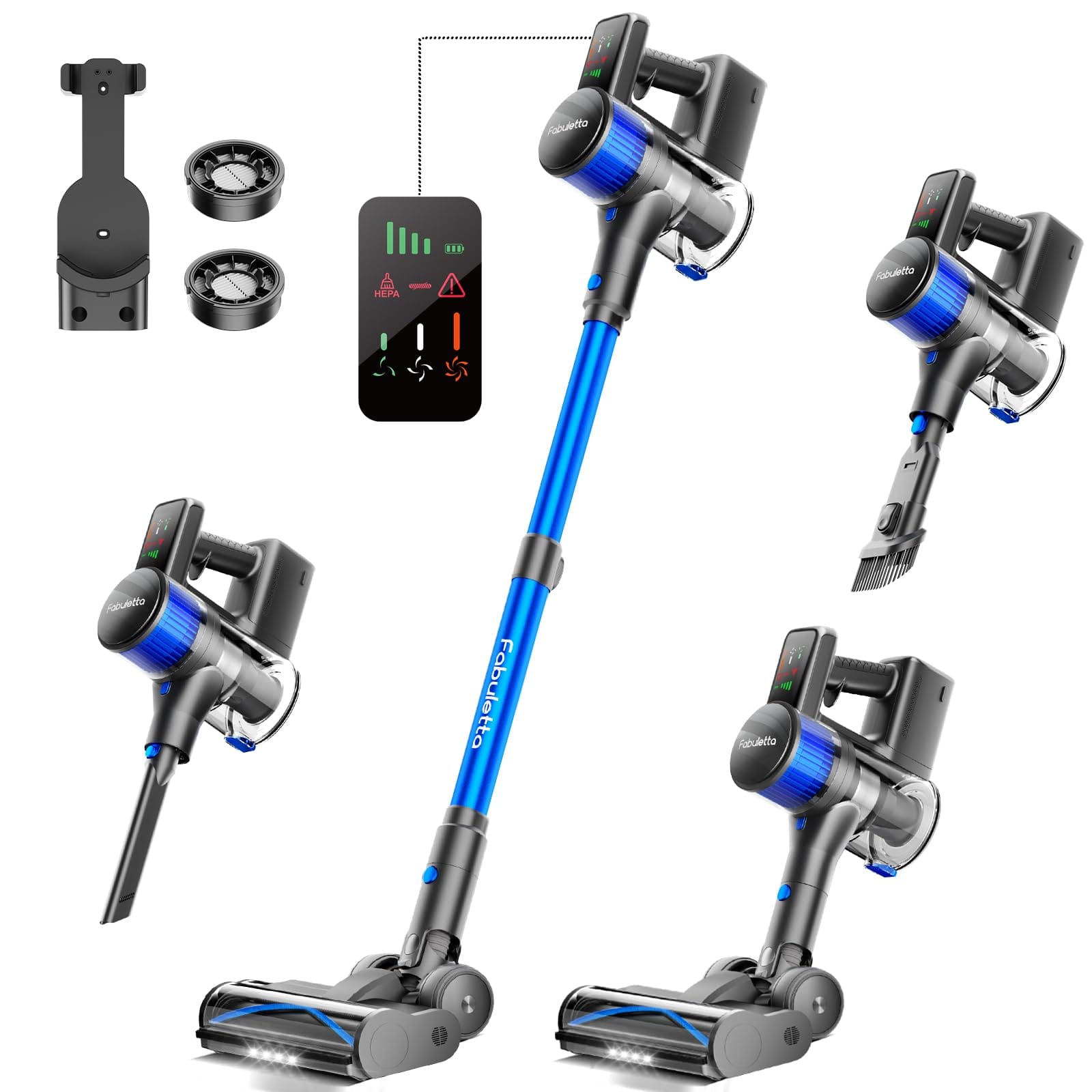 Fabuletta Cordless Vacuum Cleaner with 38Kpa Suction Power, 500W Brushless Motor, HEPA Filter, 6-in-1 Lightweight Stick Vacuum - Ideal for Pet Hair, Carpet, Hard Floor - Deep Blue