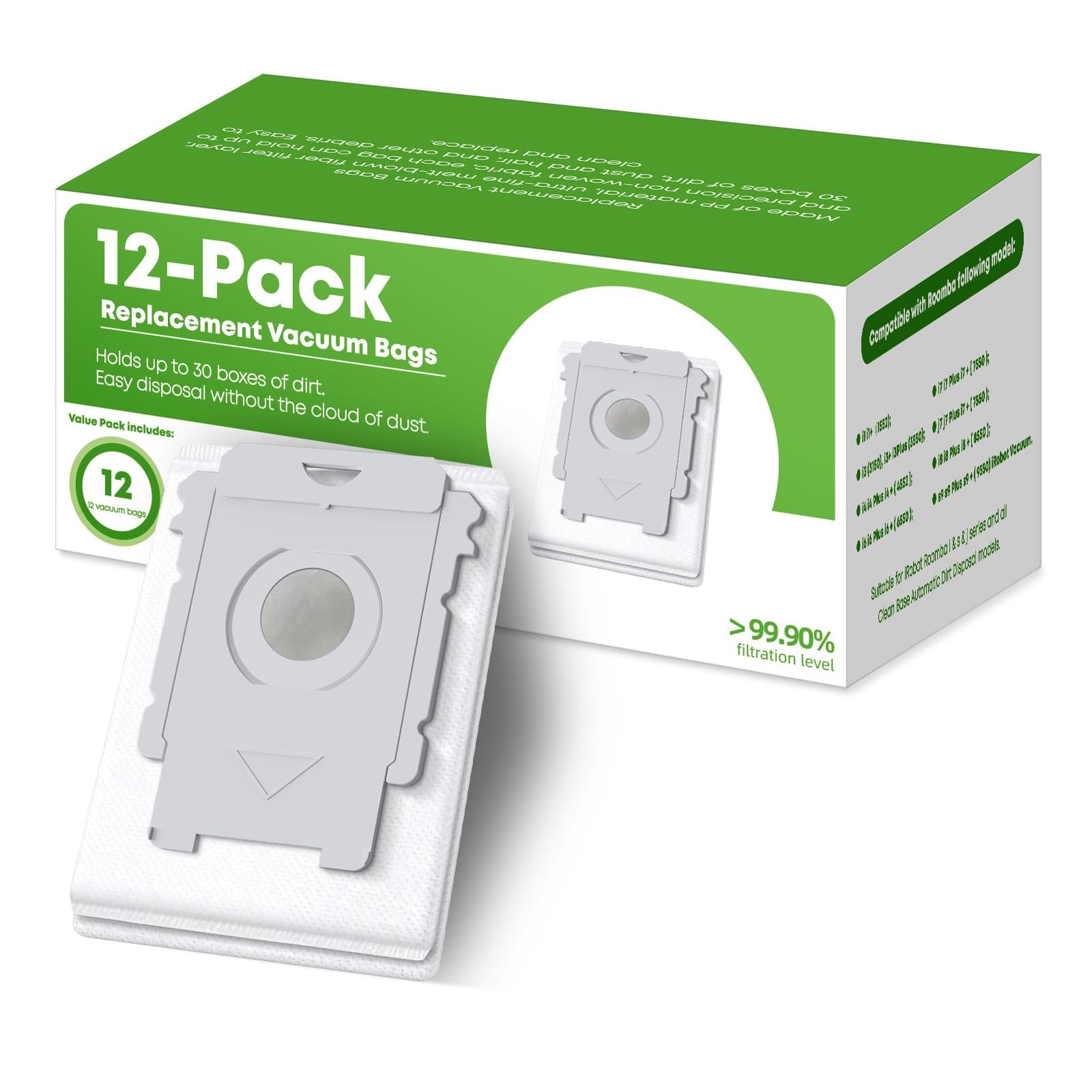 VBN Replacement Roomba Vacuum Bags 12-Pack for iRobot Roomba i & S & J Series, Compatible with I7, I3, I1, I4, I6, I8, J7, S9 - Automatic Dirt Disposal Bags