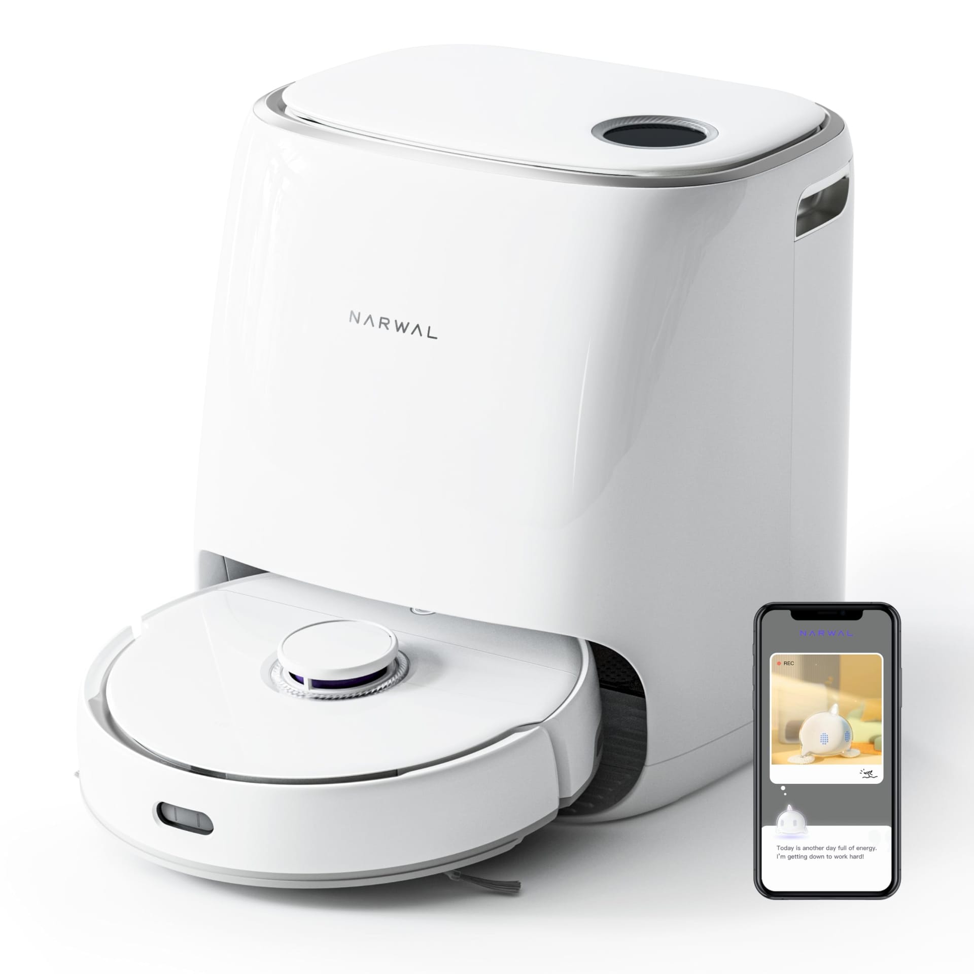 Narwal Freo Robot Vacuum and Mop Combo with Powerful Suction, Washing & Drying, DirtSense Technology, Auto Add Cleaner, LCD Display, Smart Swing, Arcuate-Route, WiFi, App Control - White