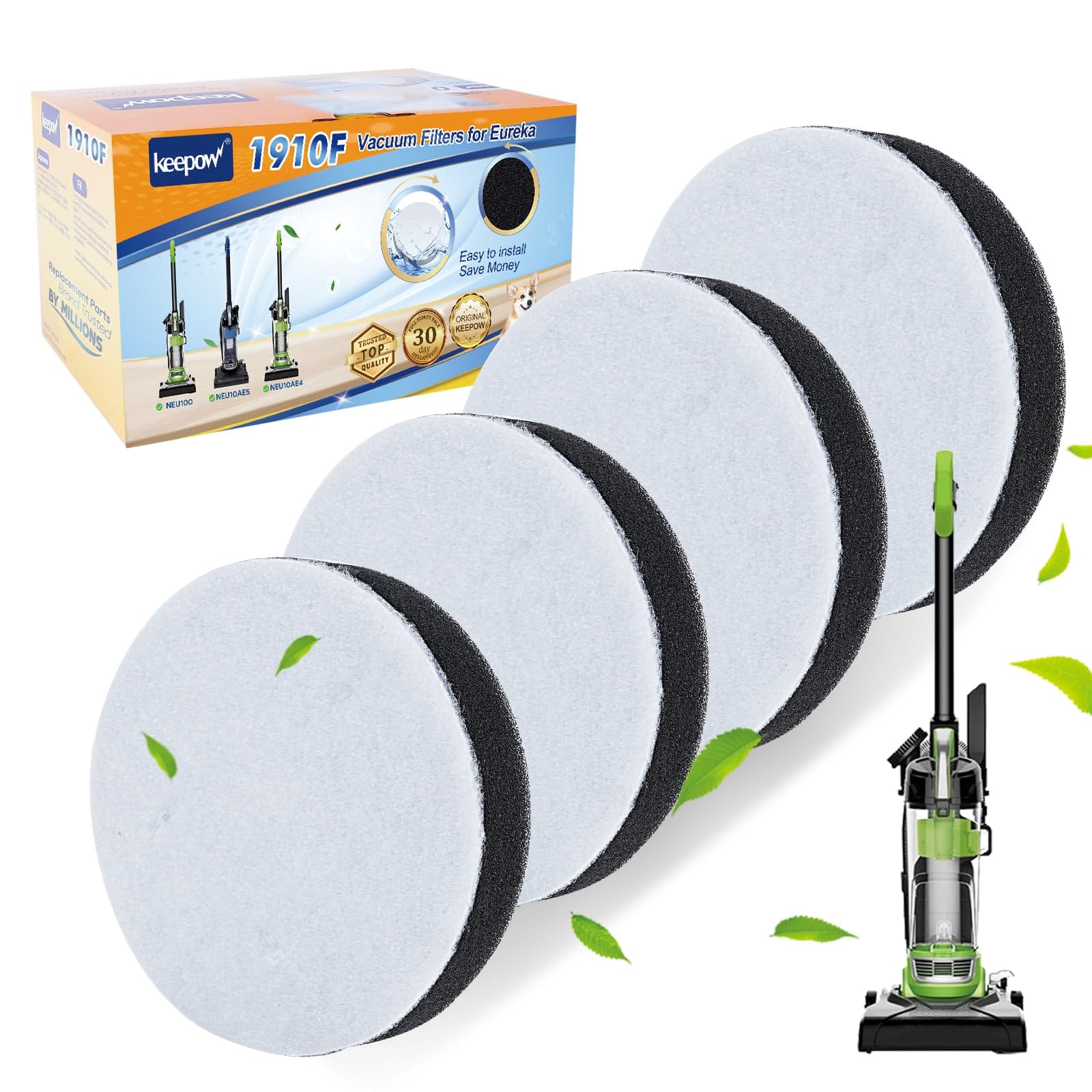 Keepow NEU100 Vacuum Filters for Eureka Airspeed Compact Bagless Upright Vacuum Cleaner - 4 Pack, Part #E0106