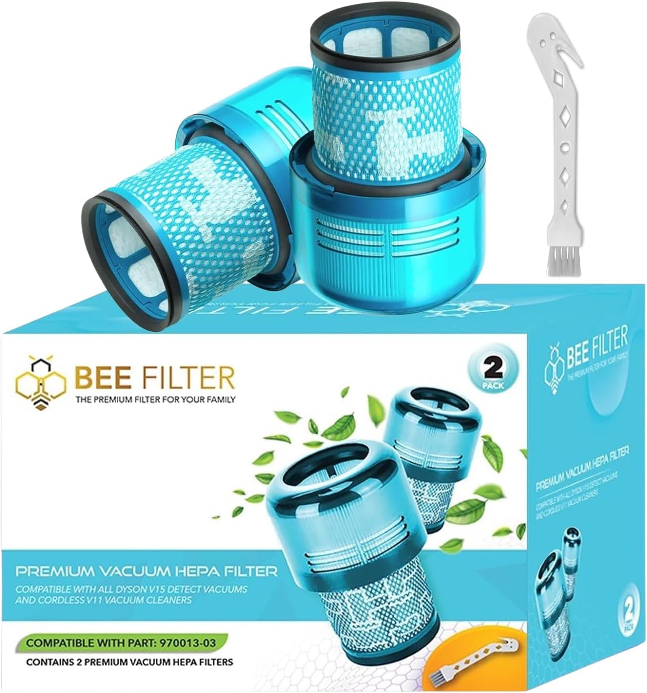 ** Premium HEPA Filter Replacements for Dyson V15 & V11 Models - 2 Pack

**DESCRIPTION:** Elevate the performance of your Dyson V15 Detect, V15 Detect Absolute, V15 Submarine, Dyson V11 Animal, and Dyson V11 Torque Drive vacuums with Bee Filter Premium Vacuum Filters. Designed for compatibility and efficiency, these premium filters ensure your vacuum maintains peak cleaning power. Engineered with advanced filtration technology, they excel at capturing fine dust, allergens, pollen, and pet dander to provide cleaner air and a healthier home environment. Each pack includes 2 top-quality filters crafted with durable materials for long-lasting use. Easy to install, these filters are a convenient solution for your cleaning needs. Compatible with part numbers 970013-02 and 970013-03, these filters fit snugly in a range of Dyson models, excluding V15 Outsize and V11 Outsize. Transform your cleaning routine with Bee Filter Premium Filters and enjoy a fresher, pollutant-free home every time you clean.