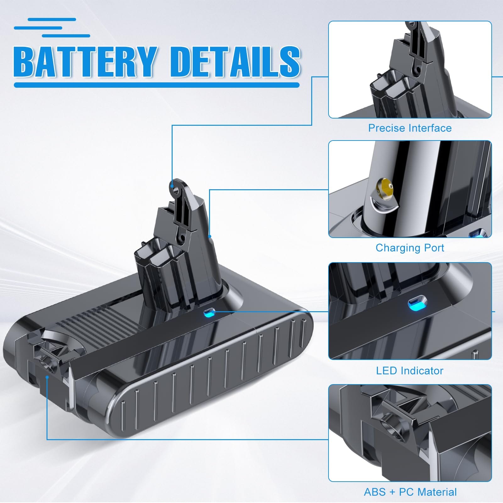 Junwood Upgraded 6000mAh 21.6V Lithium-ion Battery Replacement for Dyson V6 Pet Hair Vacuum Cleaners - DC58 DC59 DC61 DC62 DC72 DC74 967810 Absolute Animal Motorhead Slim SV03 SV04 SV05 SV06 SV07 SV09 VTC4 - Review Image 4