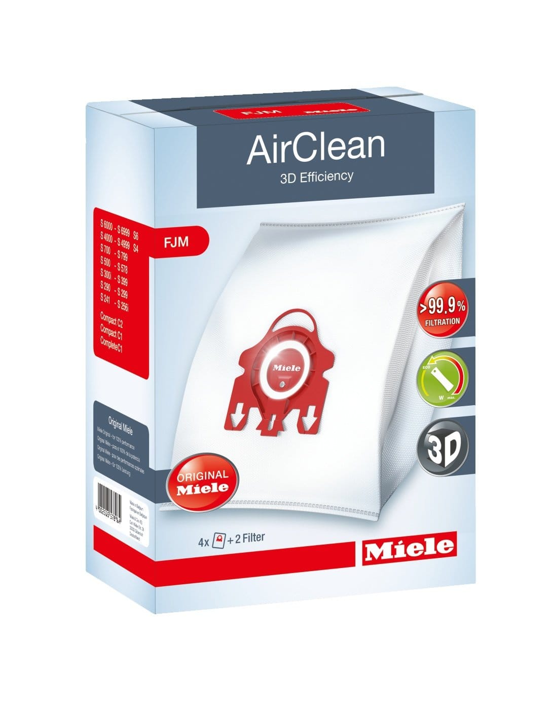 Miele Airclean 3D Efficiency Dust Bag FJM Type Compatible with S246-S6000 Series - 4 Bags & 2 Filters, White