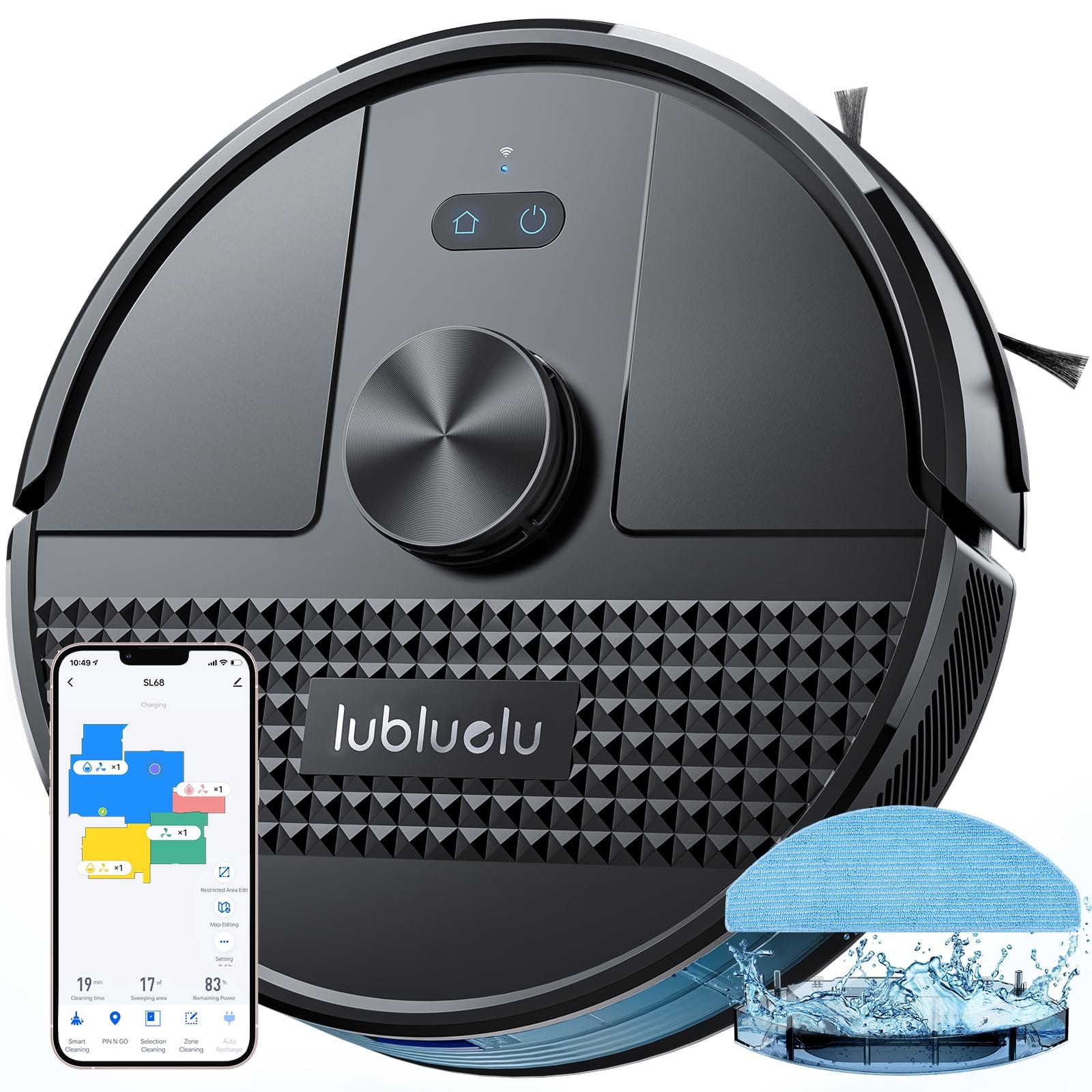 Lubluelu 3-in-1 Robot Vacuum and Mop Combo with Powerful 4500Pa Suction, Mapping, Lidar Navigation, 5 Maps, 24 No-Go Zones, Self-Charging, App Control - Black