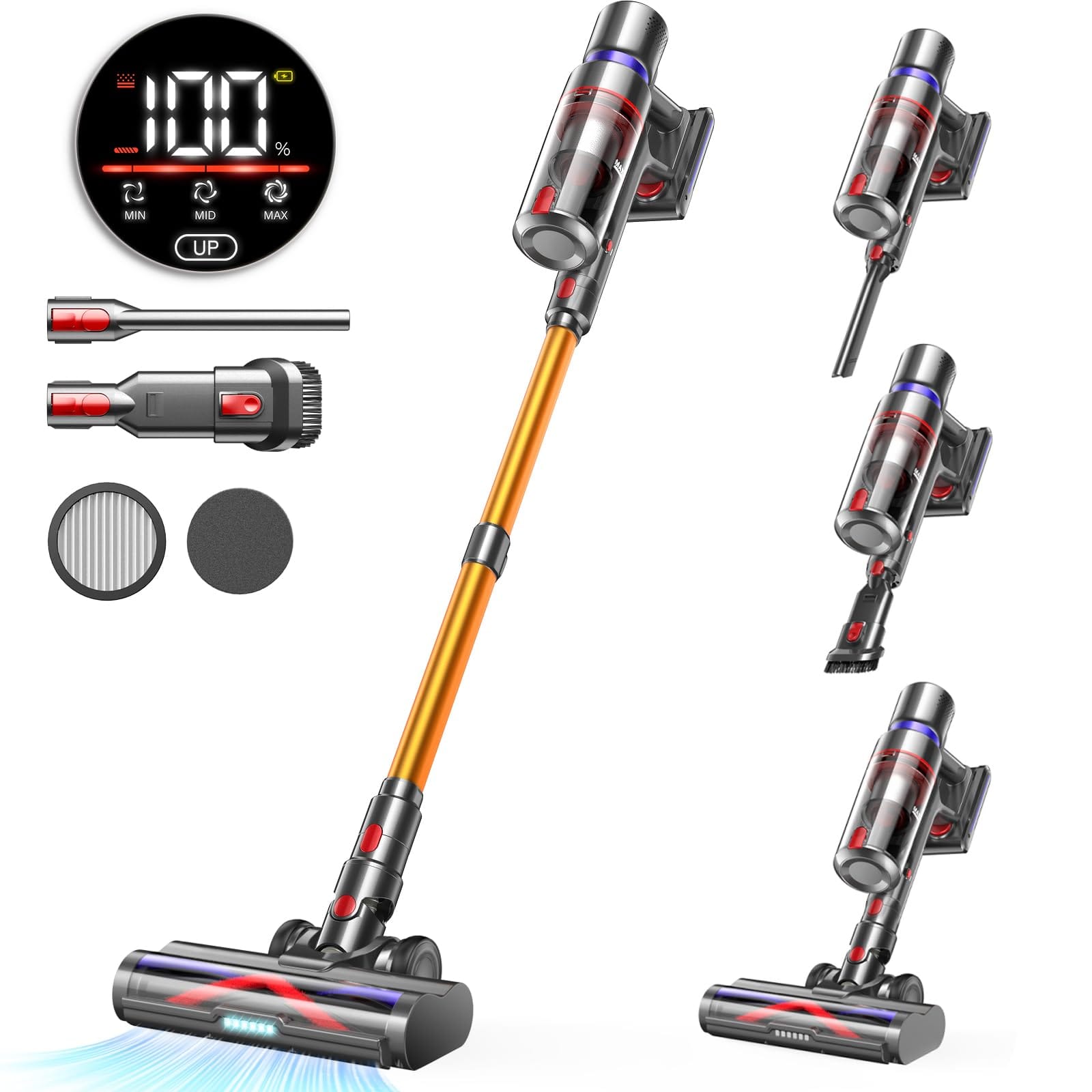 45Kpa Cordless Vacuum Cleaner with 60-Minute Runtime, LED Touch Screen, Anti-Tangle Brush - Ideal for Pet Hair, Carpet, Hardwood Floors