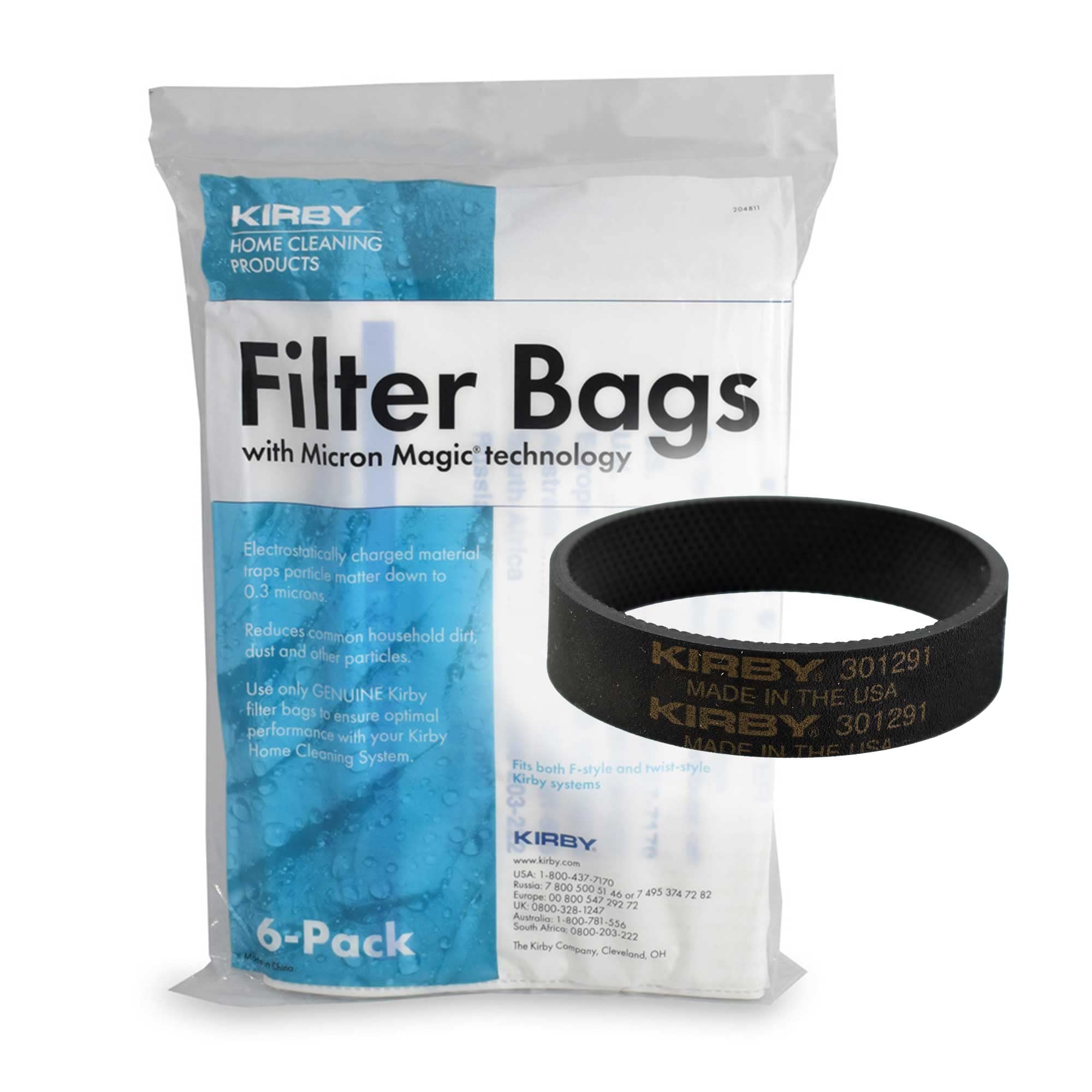 Genuine Kirby Vacuum System Filter Bags with Micron Magic Technology 6 Pack – Part 204811 with Bonus Belt Included
