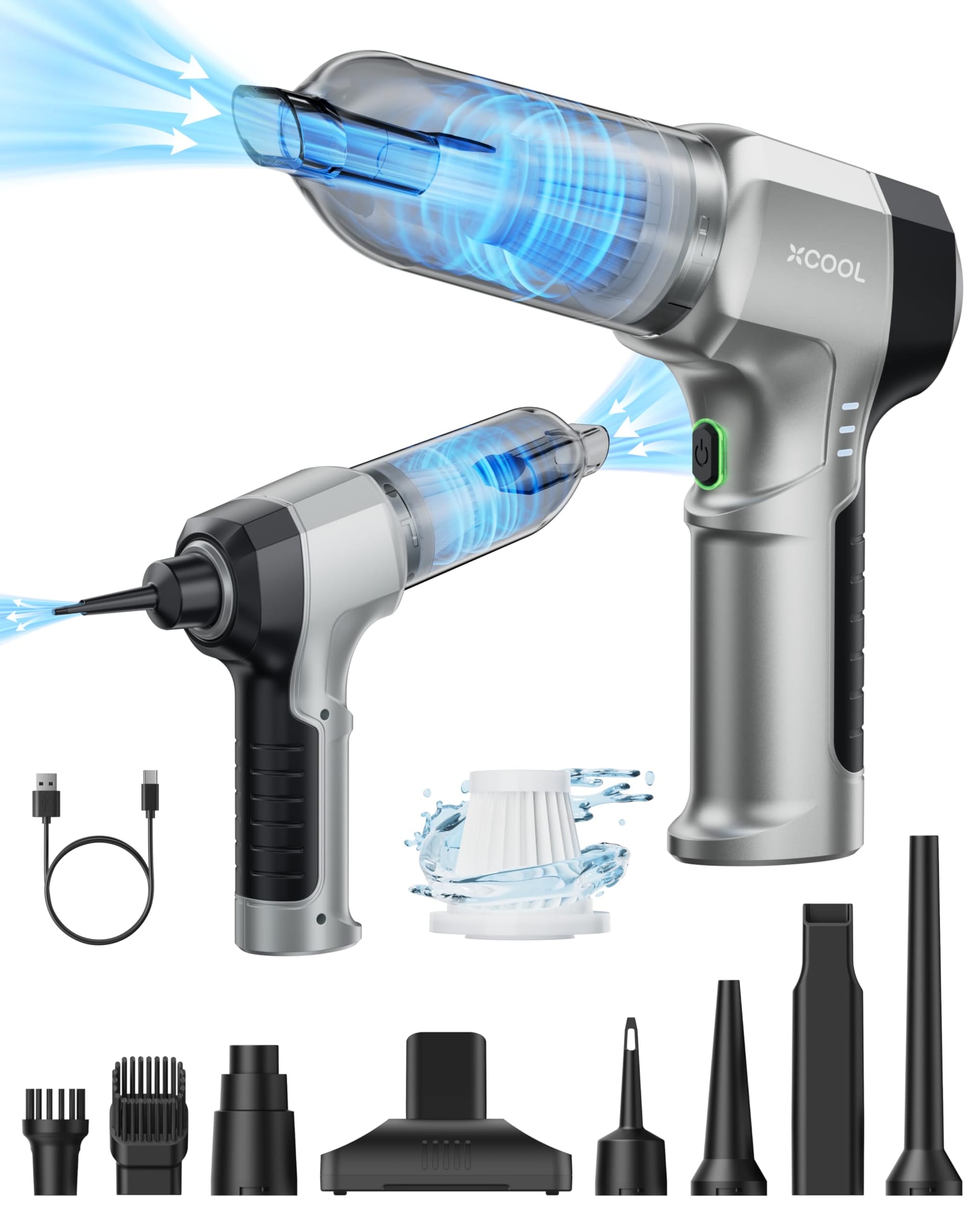 Cordless Hand Held Vacuum Cleaner & Air Duster with 8 Attachments - Strong Suction & Portable