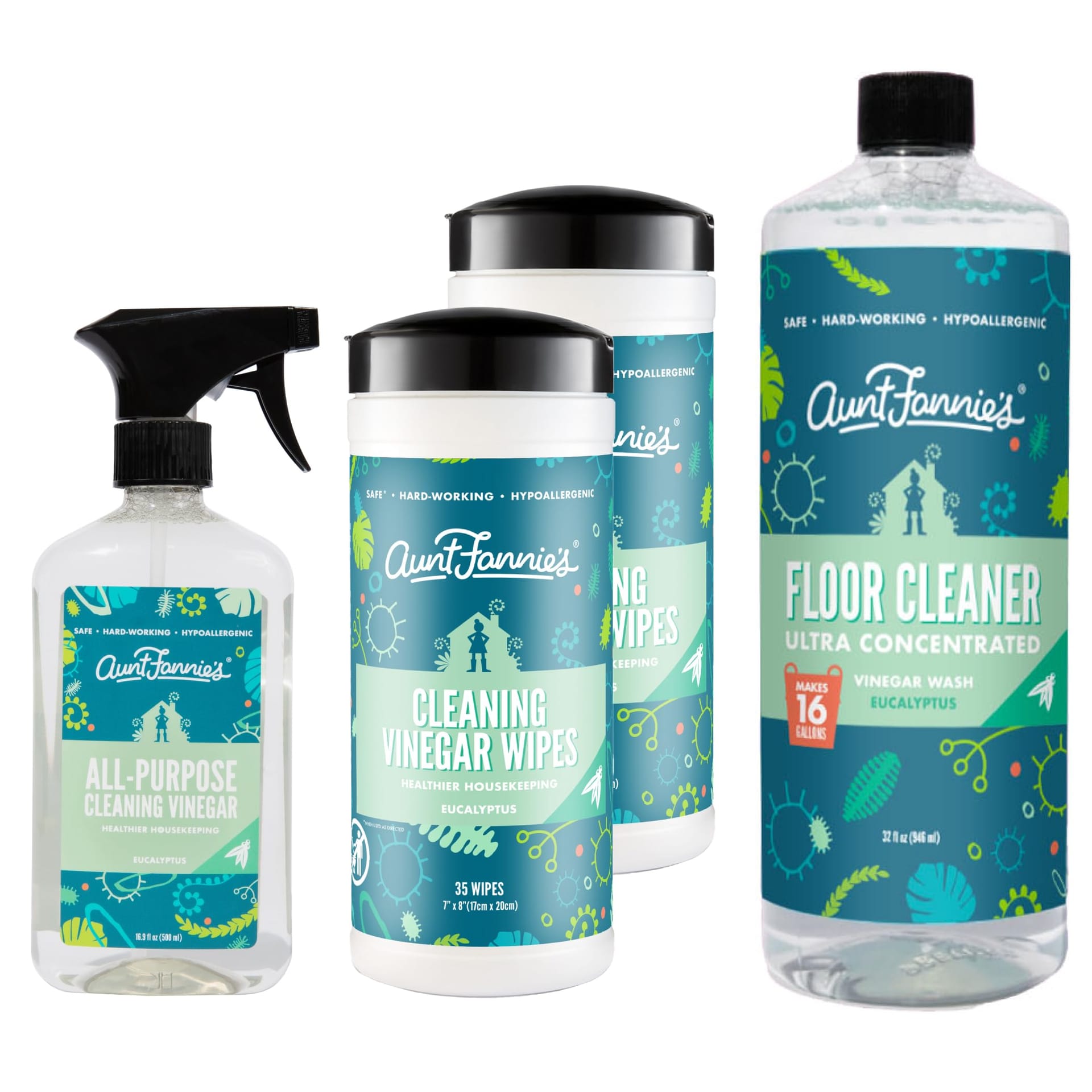 Aunt Fannie's Eucalyptus Multi-Surface Vinegar Cleaning Kit: All-Purpose Spray, Wipes, & Floor Cleaner Bundle