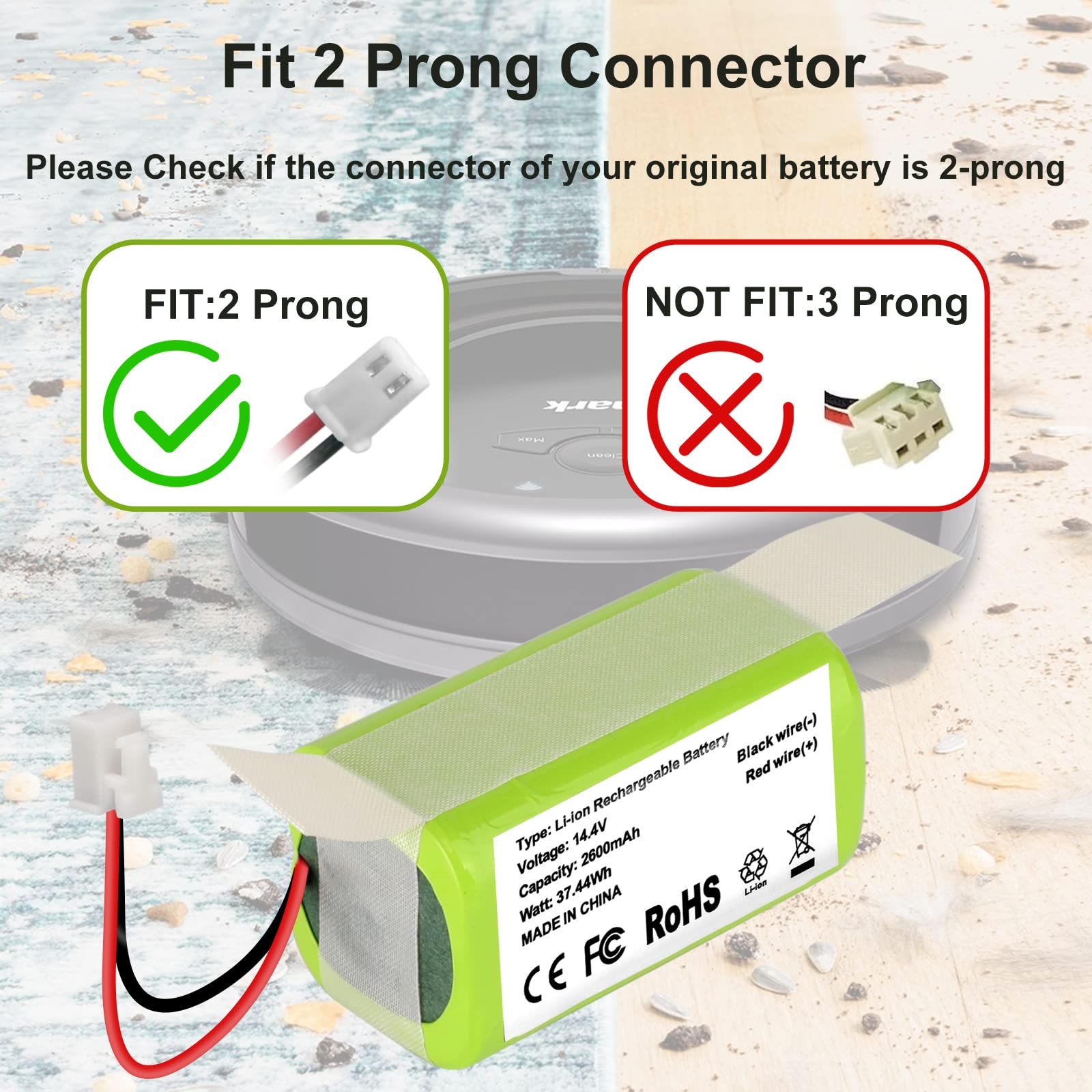 Replacement RVBAT850 Battery for Shark Ion R75 RV761 RV850C RV1000S RV1100VL RV1001AE UR1000SR RV700_N RV720_N Cordless Stick Vacuum Cleaners (2-Prong Connector, Not For 3-Prong Connector) - Review Image 2
