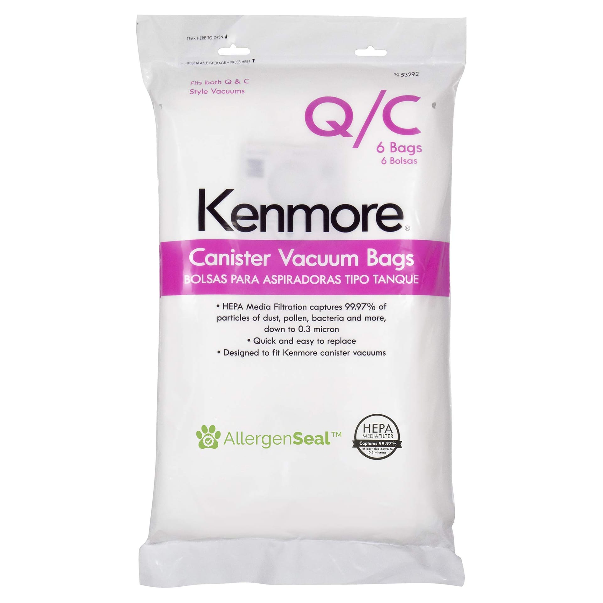 HEPA Replacement Dust Bags for Kenmore Canister Vacuum | Type Q 53292, Fits Models 81214, 81414, 81714, 21814, BC2005, BC3005 | Pack of 6