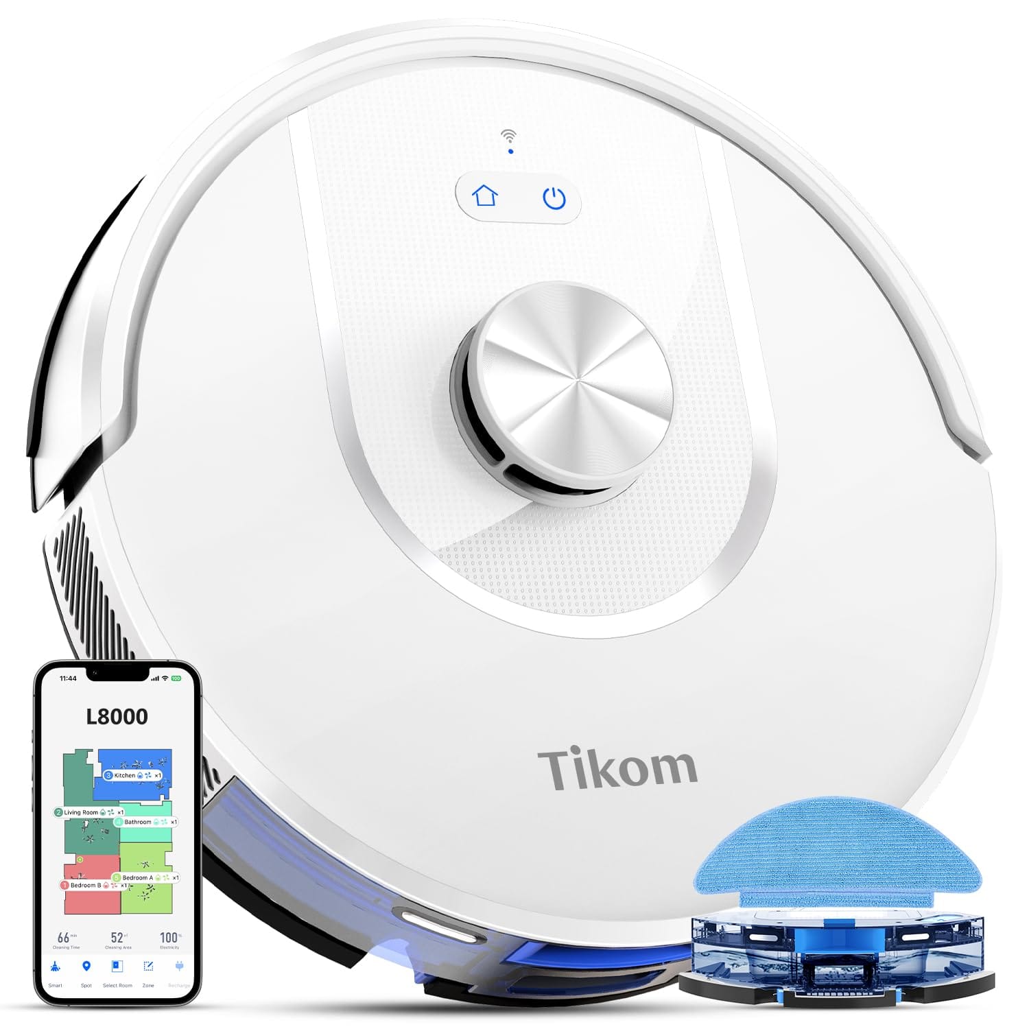 Tikom L8000 Laser Lidar Navigation Robot Vacuum and Mop, Cordless, 150Mins Runtime, 45Db, 14 No-Go Zones, 20 Virtual Walls, White